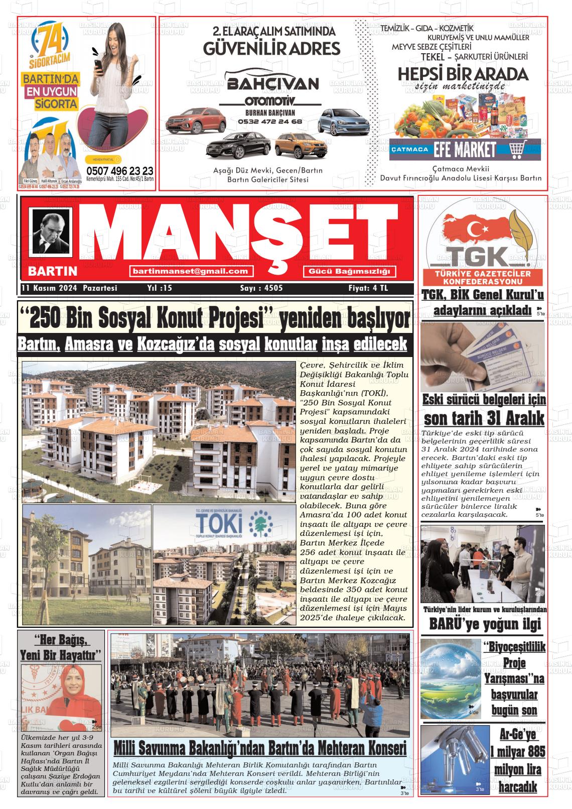 11 Kasım 2024 Bartın Manşet Gazete Manşeti