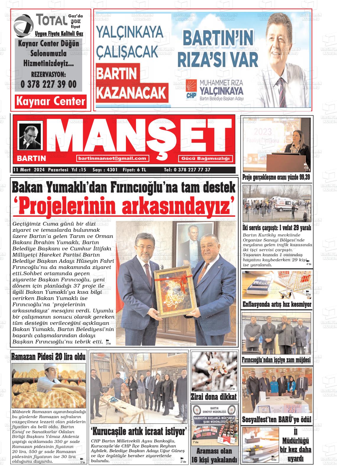 11 Mart 2024 Bartın Manşet Gazete Manşeti