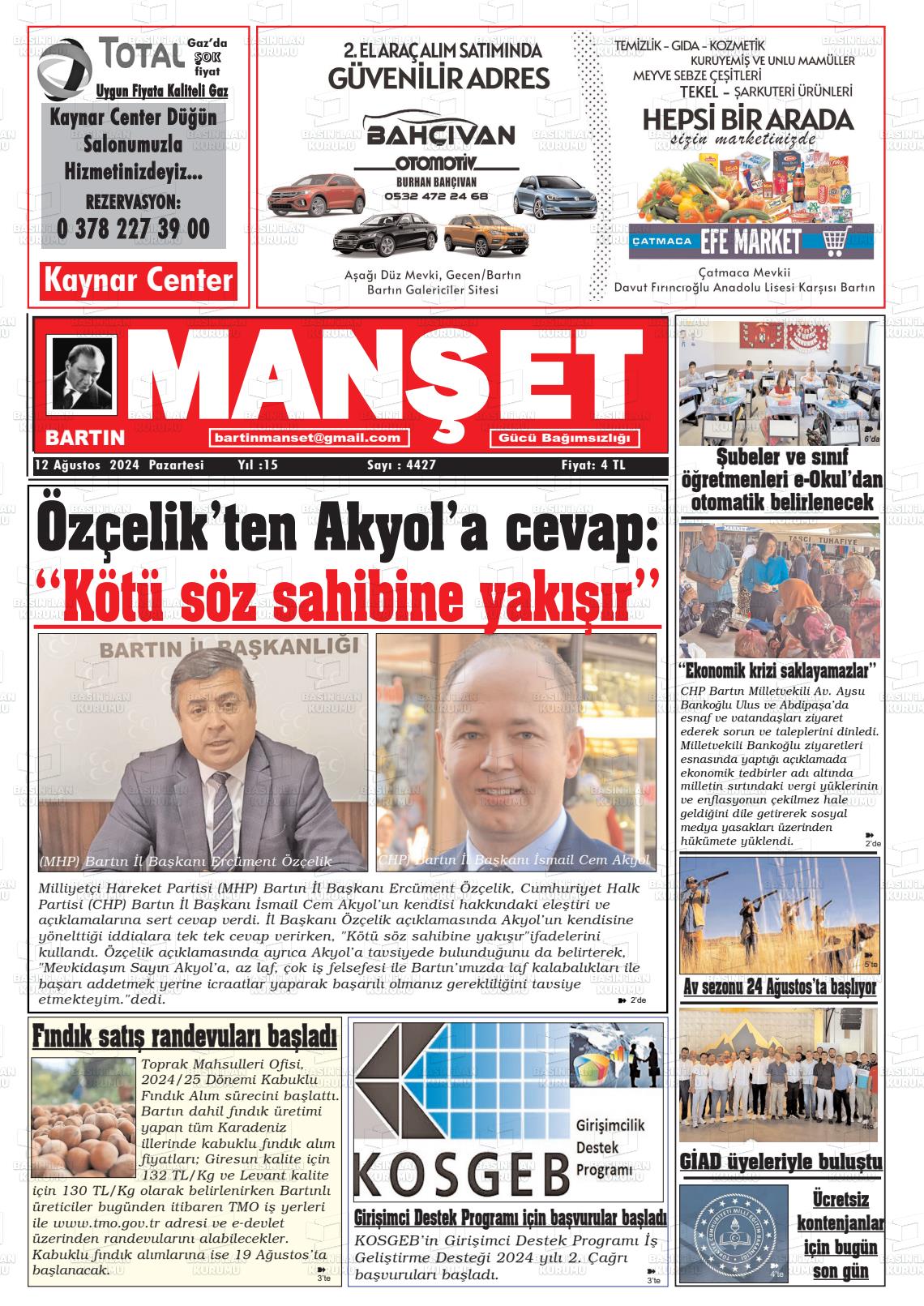 12 Ağustos 2024 Bartın Manşet Gazete Manşeti