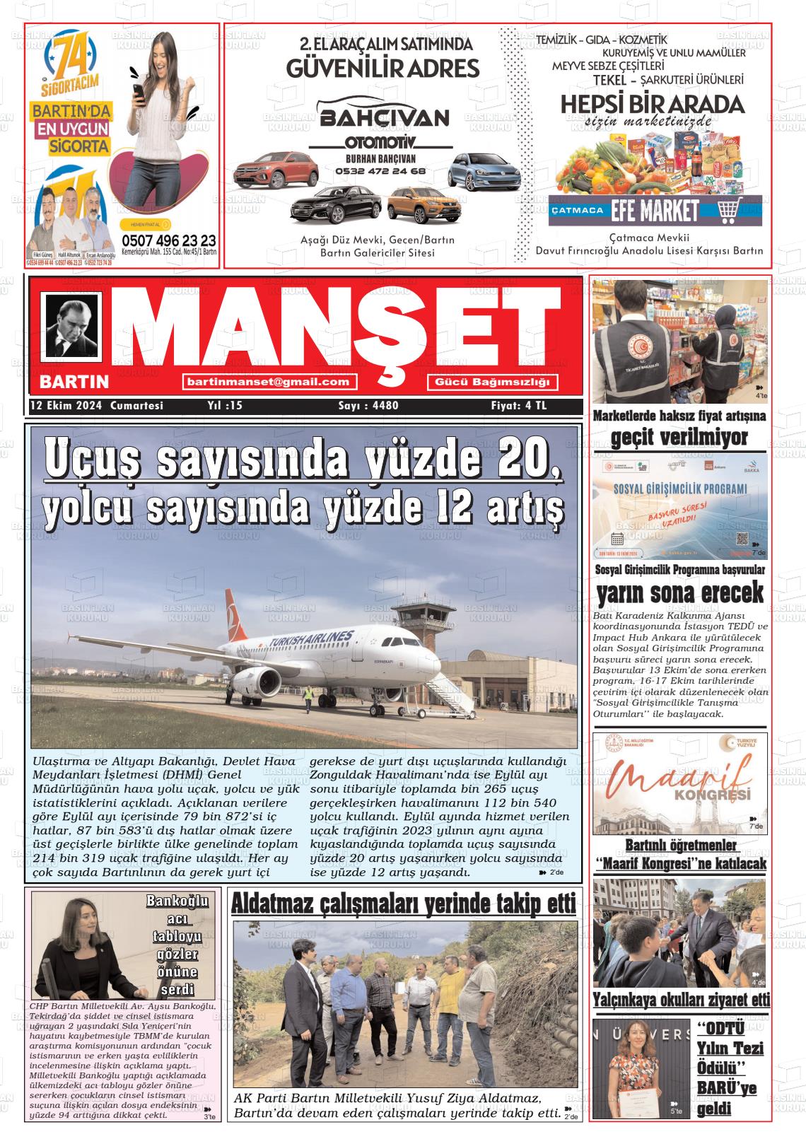 12 Ekim 2024 Bartın Manşet Gazete Manşeti