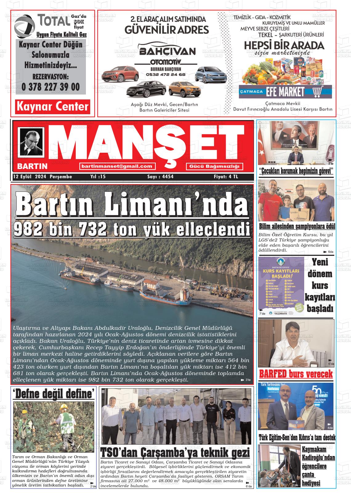 12 Eylül 2024 Bartın Manşet Gazete Manşeti