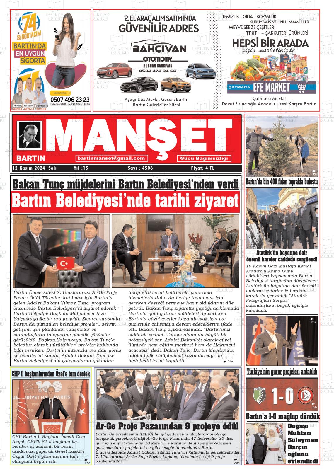 12 Kasım 2024 Bartın Manşet Gazete Manşeti