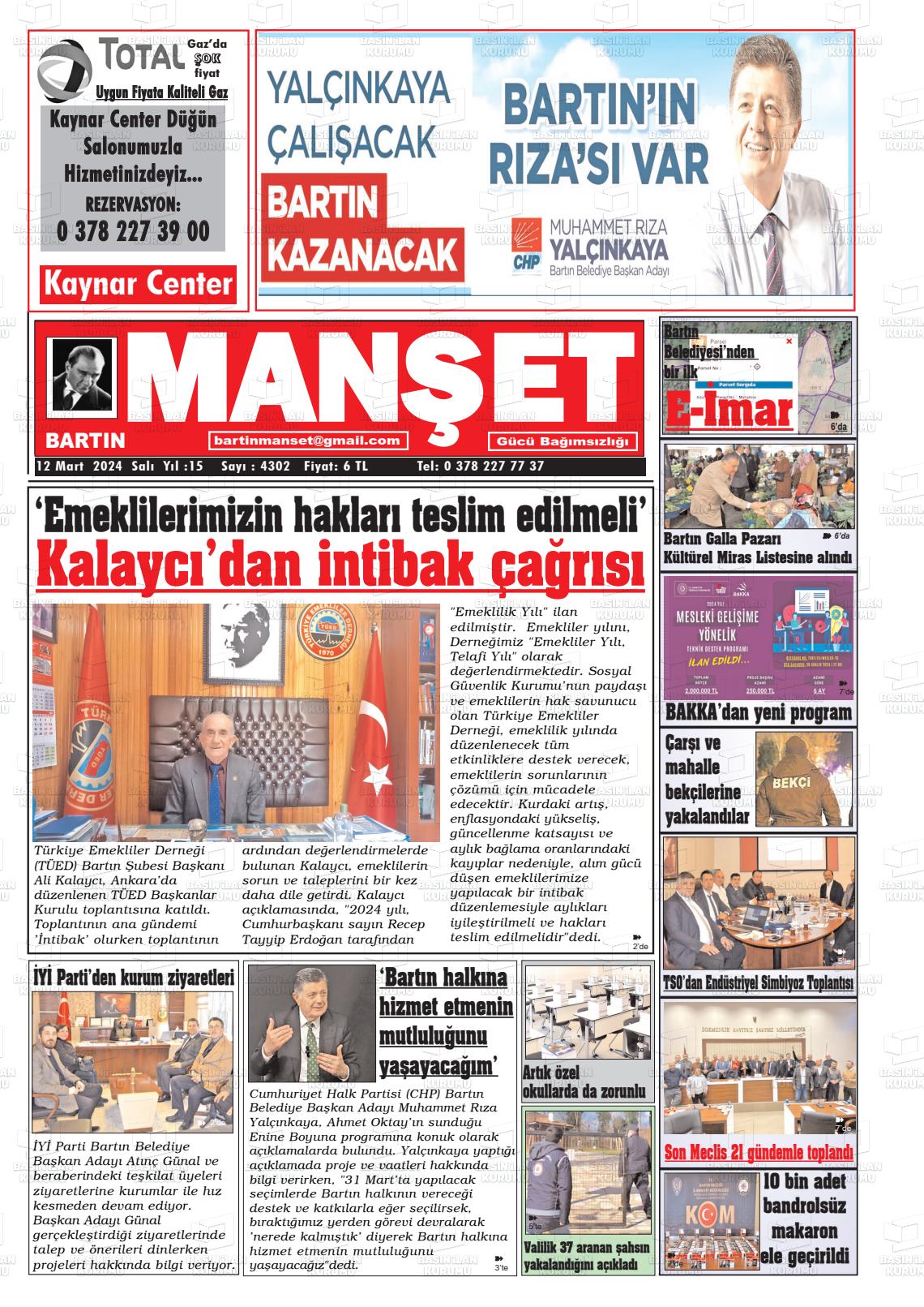 12 Mart 2024 Bartın Manşet Gazete Manşeti