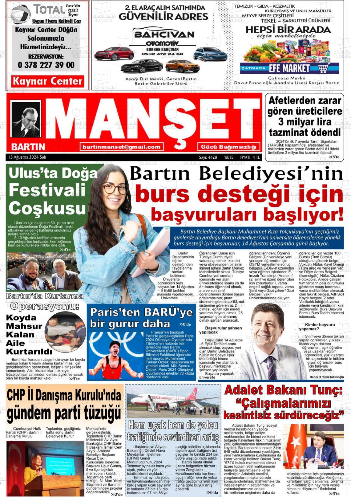 13 Ağustos 2024 Bartın Manşet Gazete Manşeti