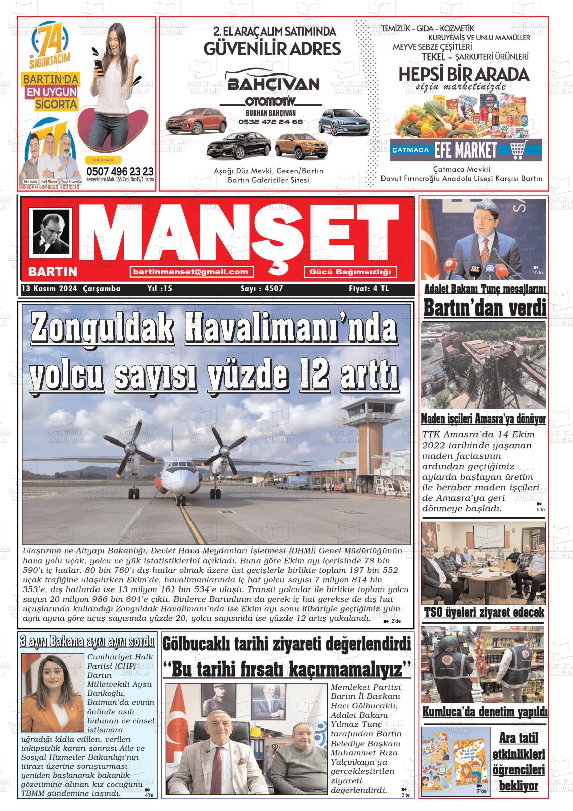 13 Kasım 2024 Bartın Manşet Gazete Manşeti