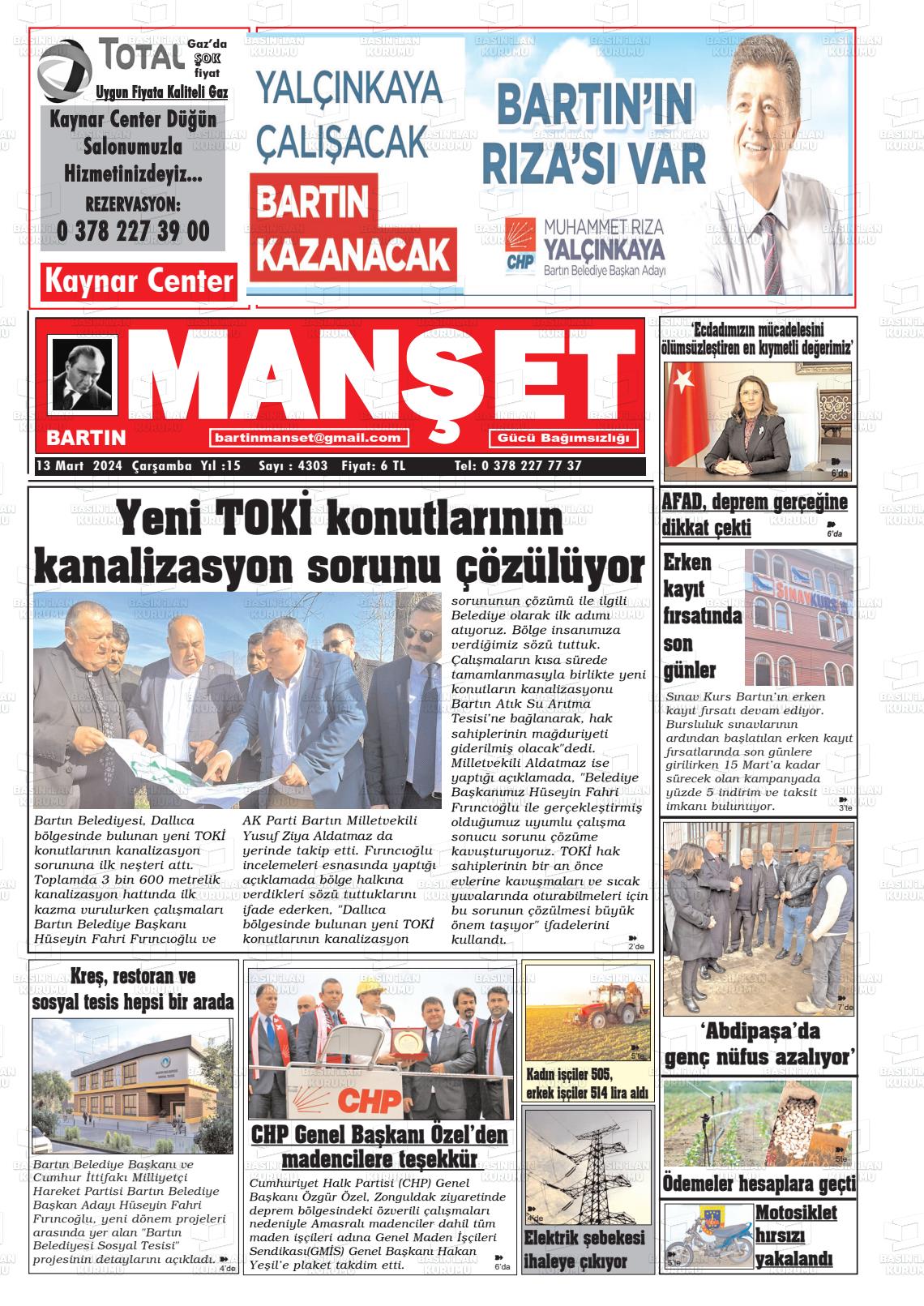 13 Mart 2024 Bartın Manşet Gazete Manşeti