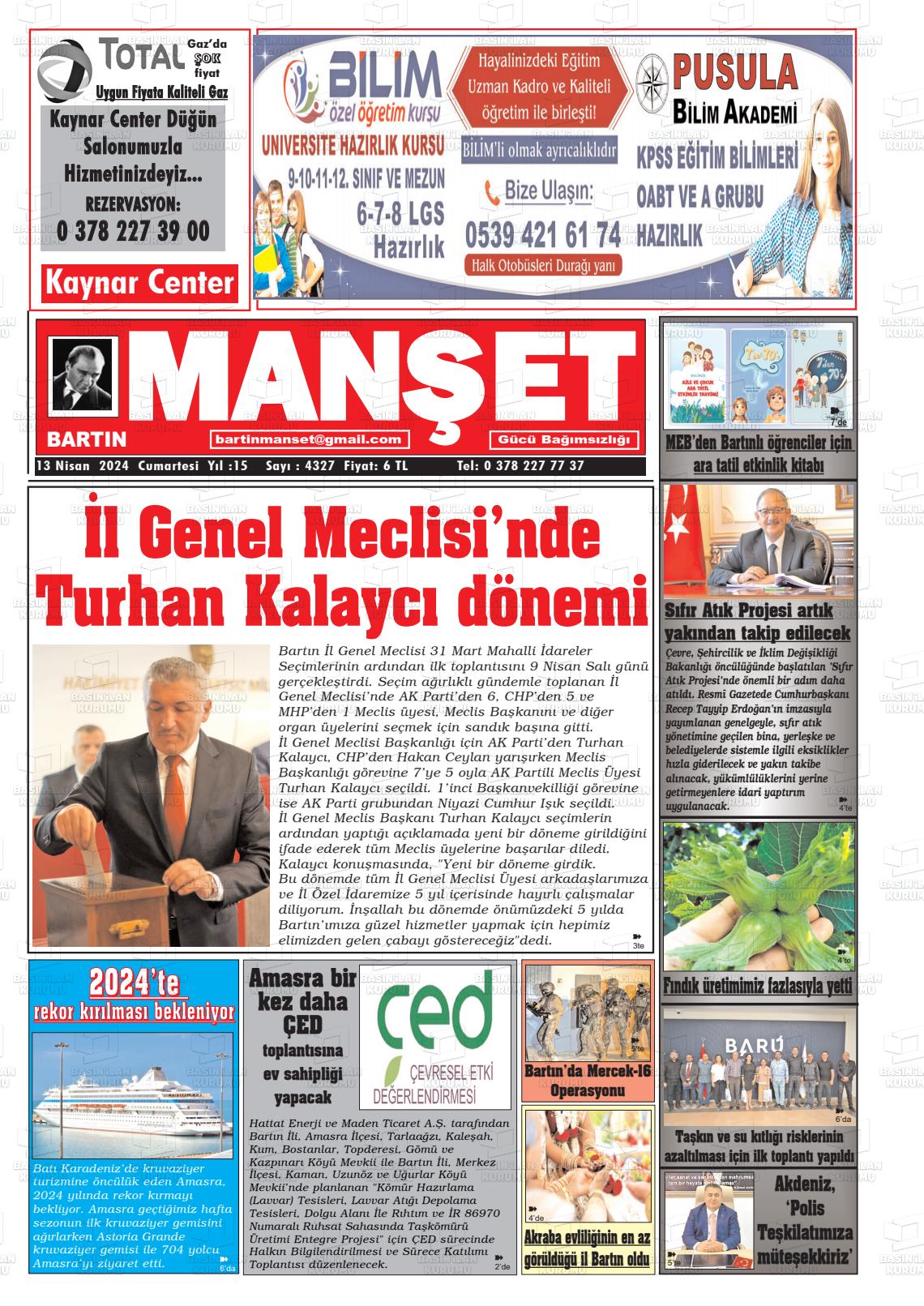 13 Nisan 2024 Bartın Manşet Gazete Manşeti