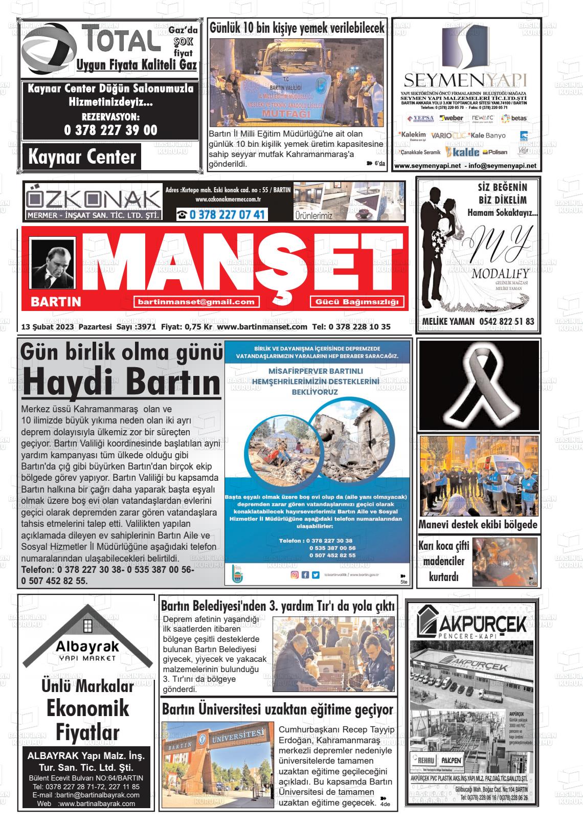 13 Şubat 2023 Bartın Manşet Gazete Manşeti