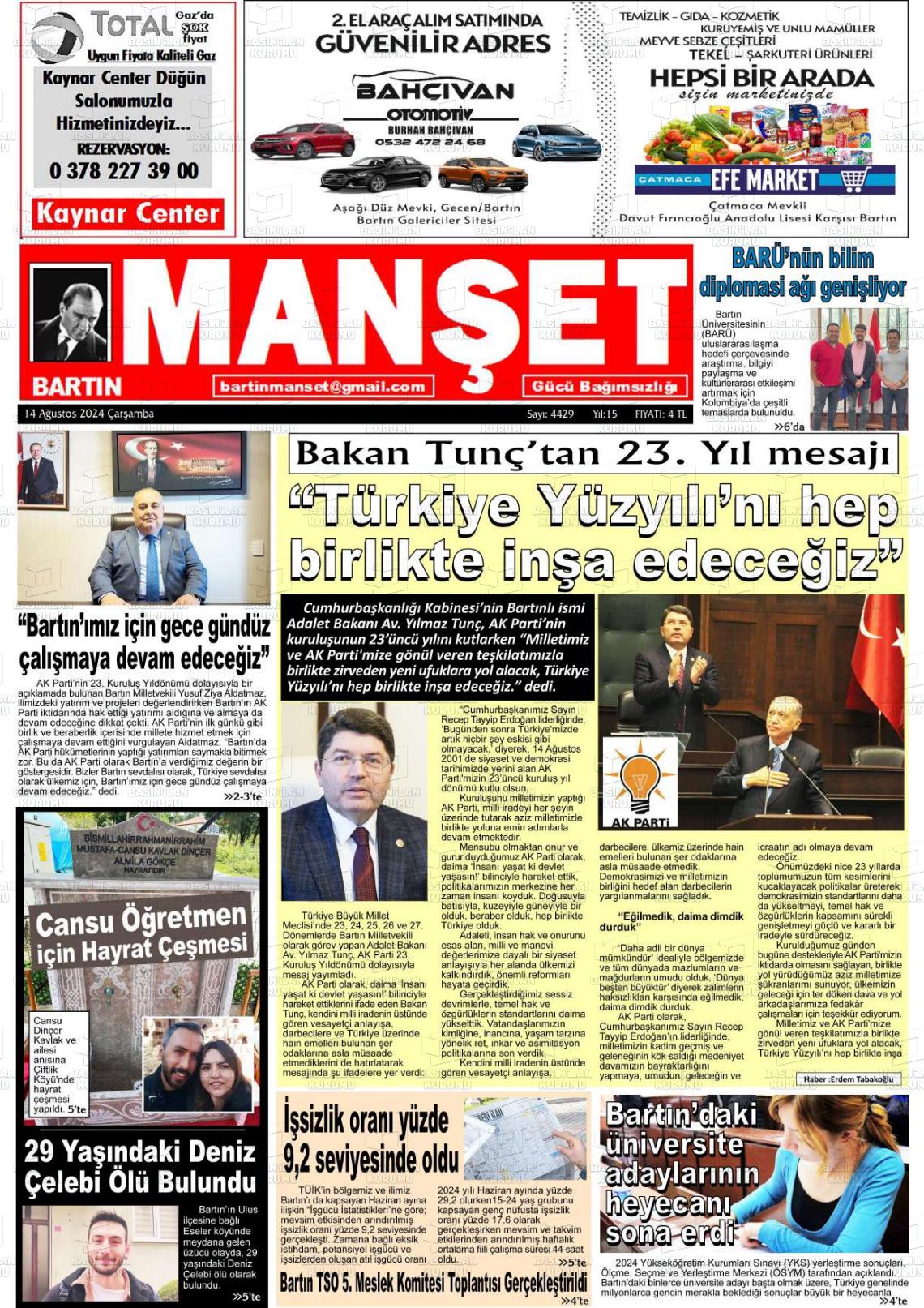 14 Ağustos 2024 Bartın Manşet Gazete Manşeti