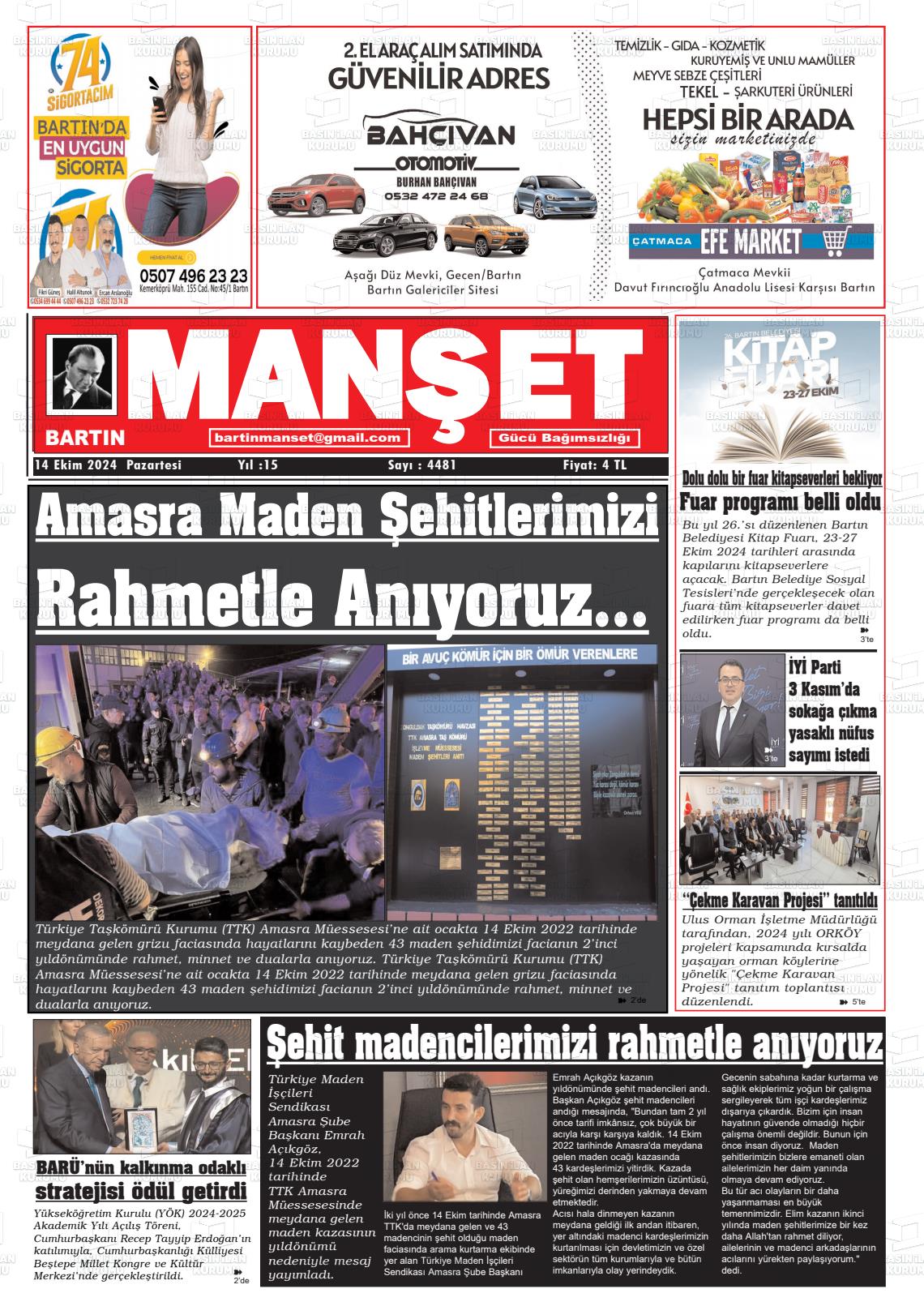 14 Ekim 2024 Bartın Manşet Gazete Manşeti