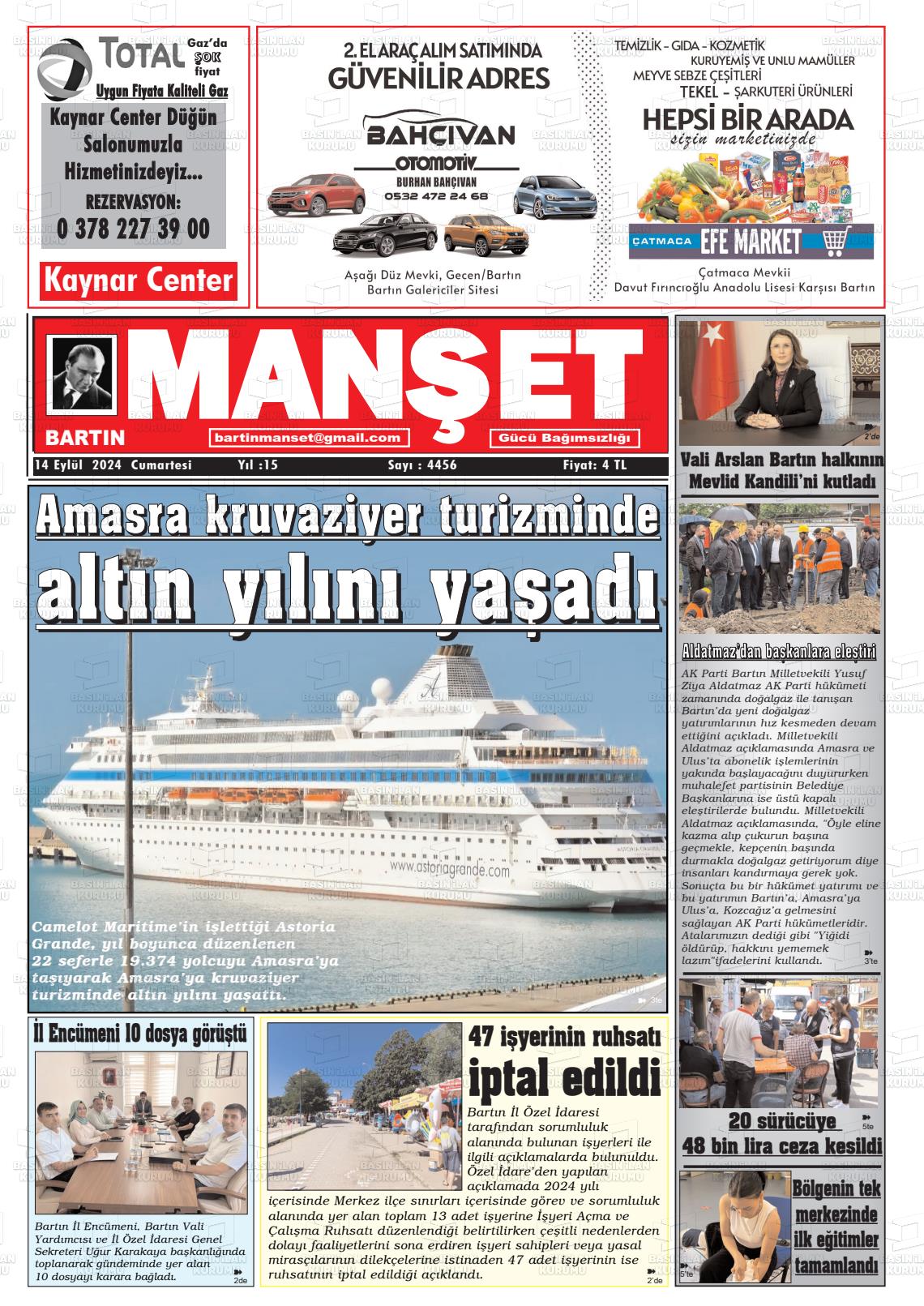 14 Eylül 2024 Bartın Manşet Gazete Manşeti