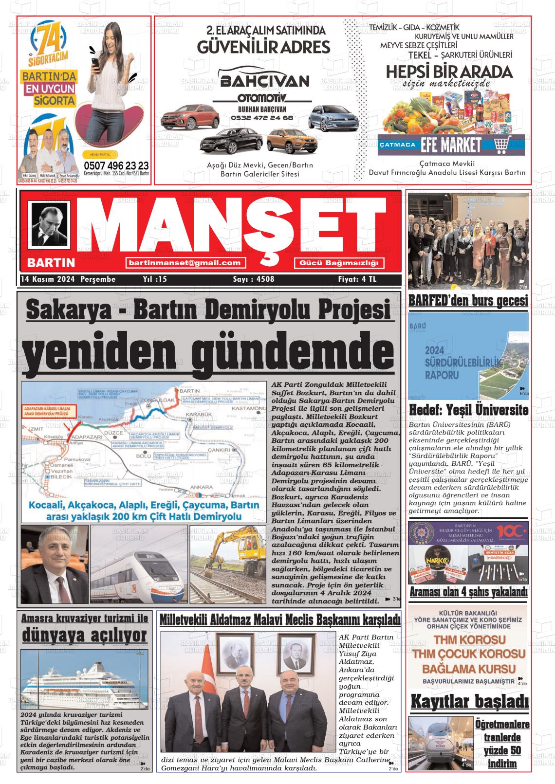 14 Kasım 2024 Bartın Manşet Gazete Manşeti