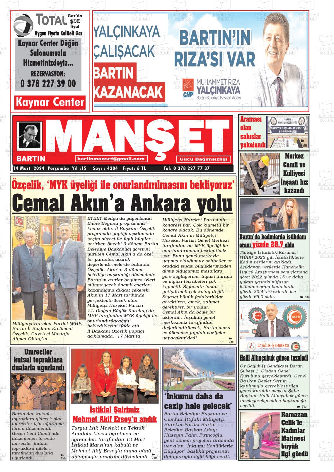 14 Mart 2024 Bartın Manşet Gazete Manşeti