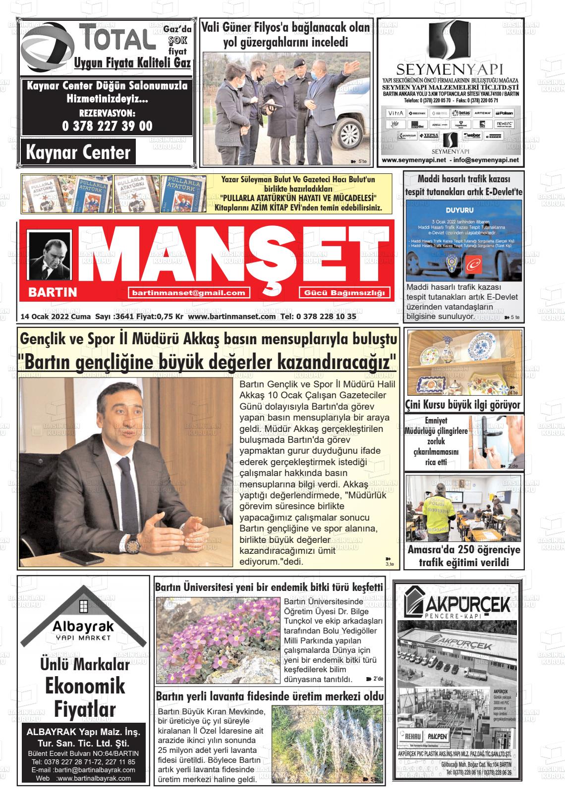 14 Ocak 2022 Bartın Manşet Gazete Manşeti