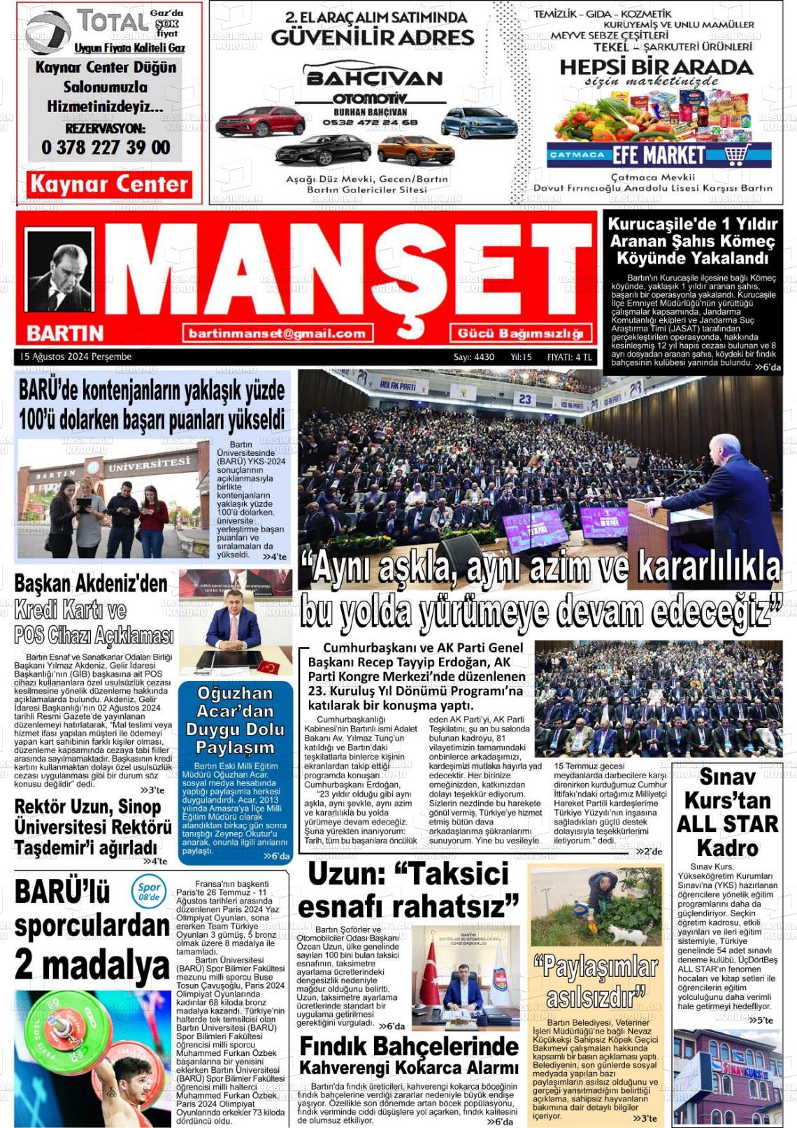 15 Ağustos 2024 Bartın Manşet Gazete Manşeti