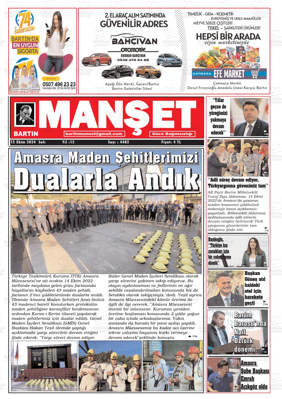 15 Ekim 2024 Bartın Manşet Gazete Manşeti