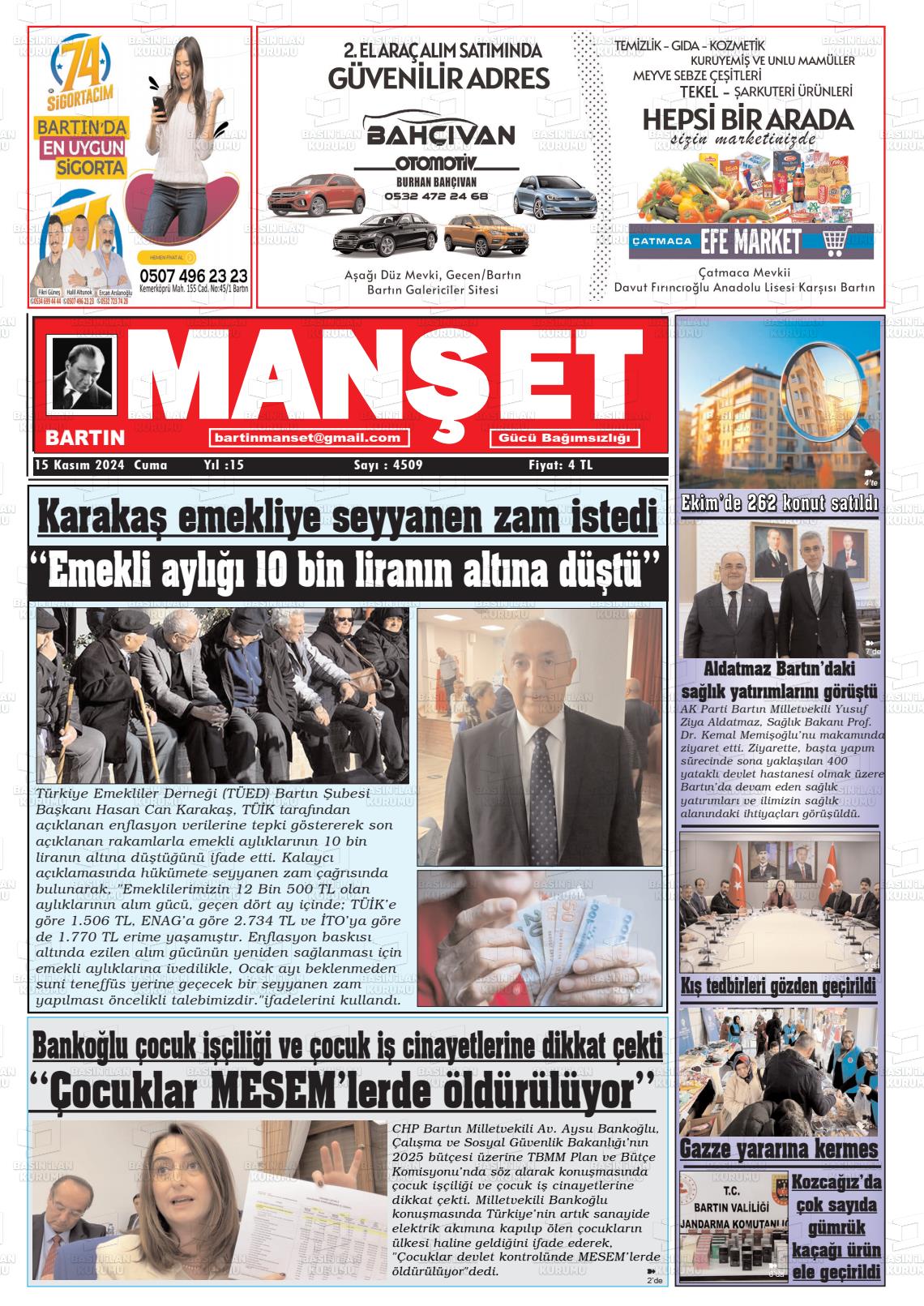 15 Kasım 2024 Bartın Manşet Gazete Manşeti