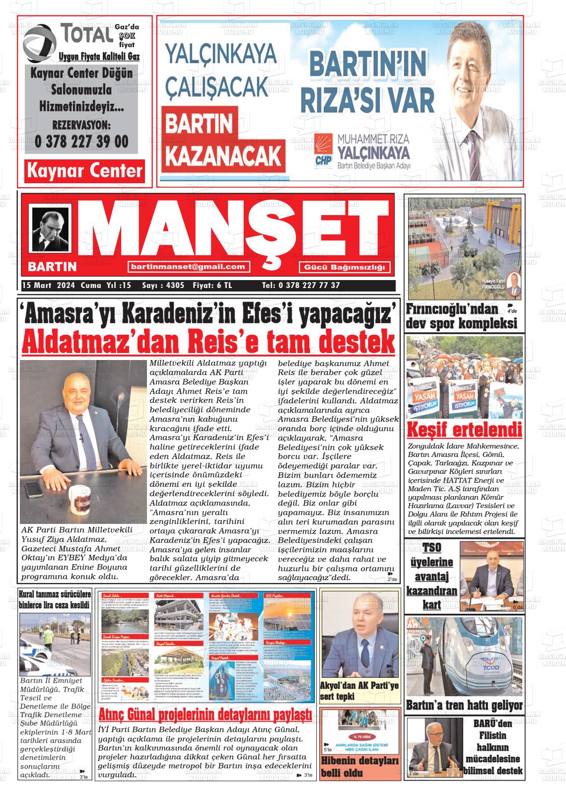 15 Mart 2024 Bartın Manşet Gazete Manşeti