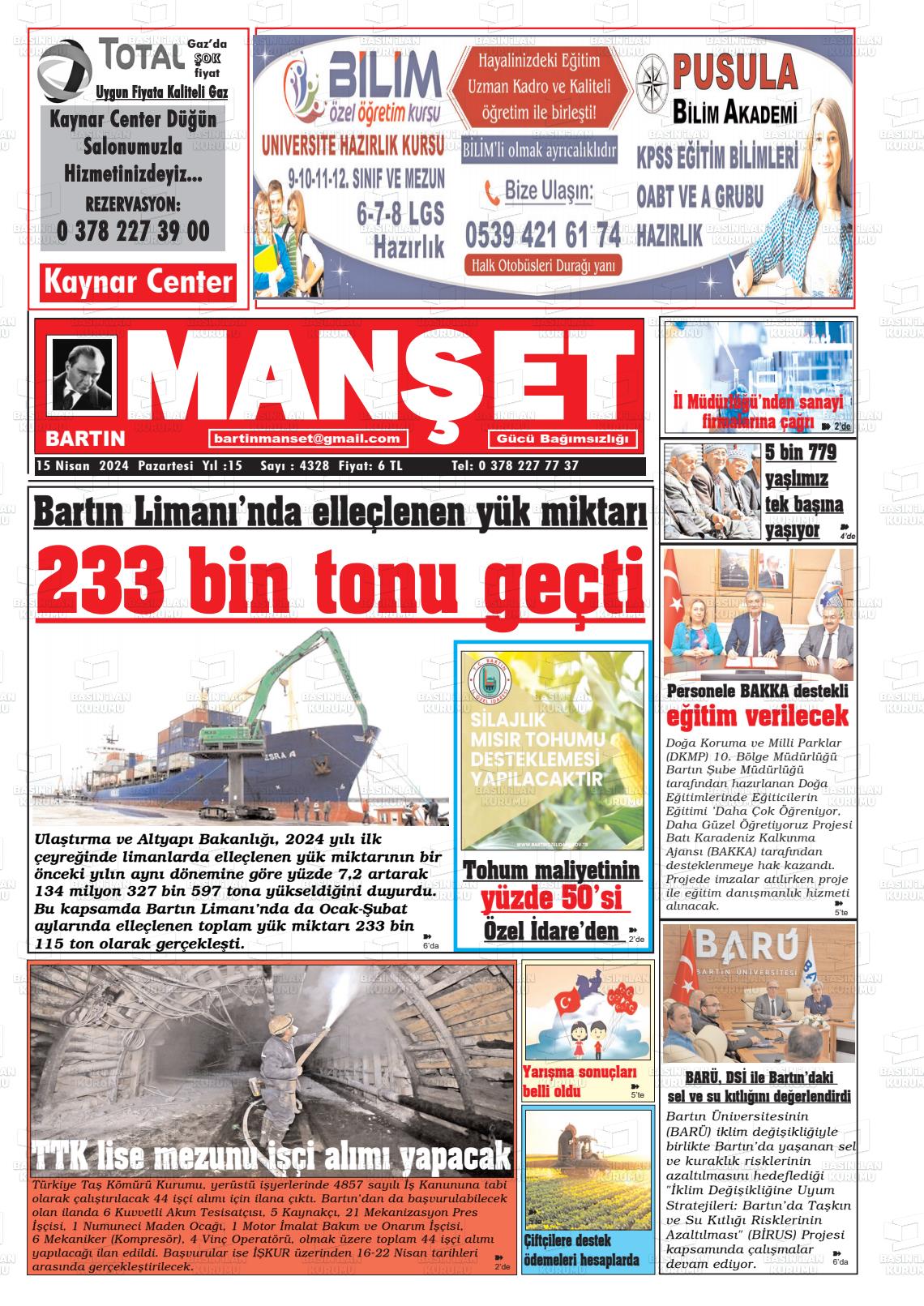 15 Nisan 2024 Bartın Manşet Gazete Manşeti