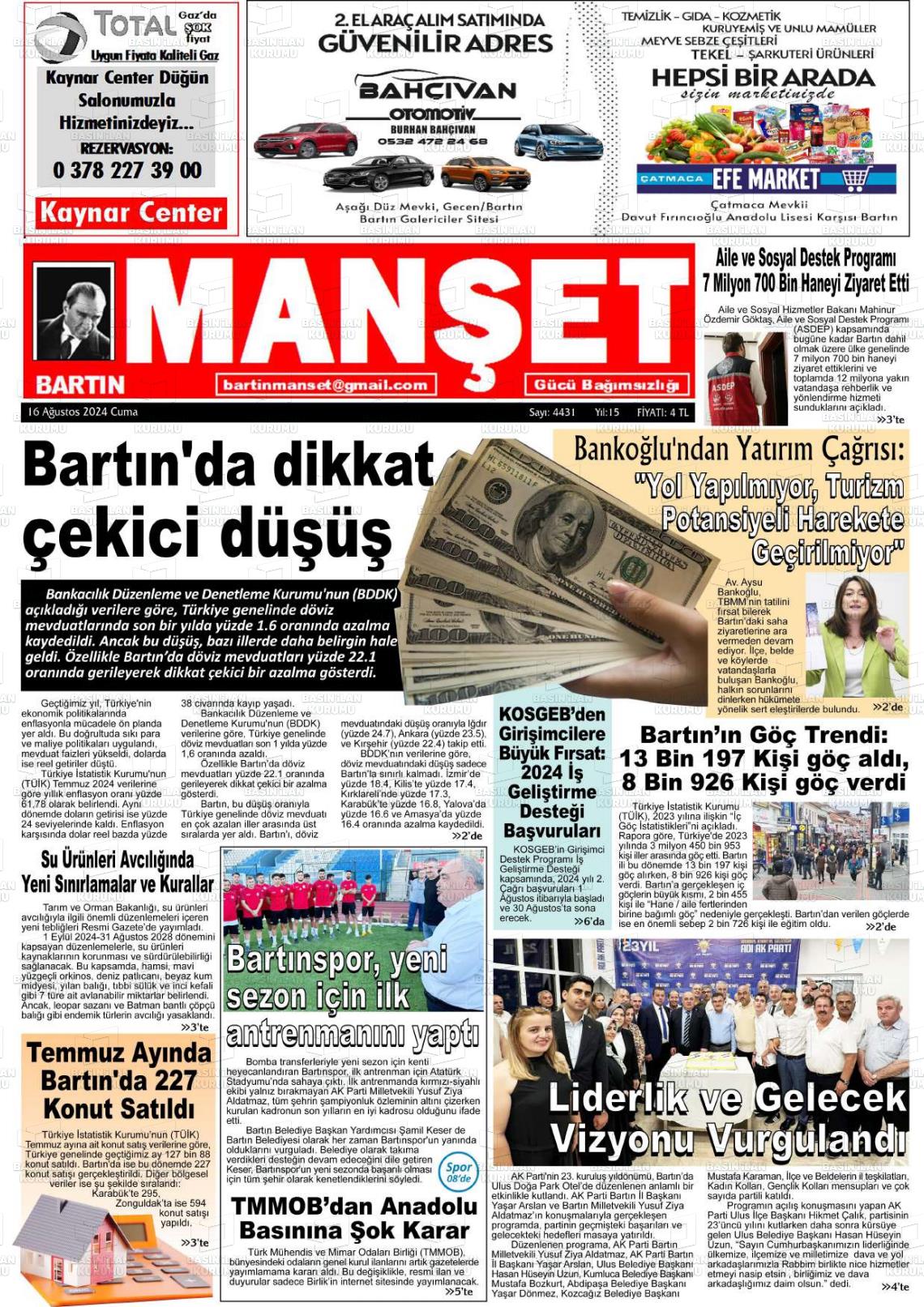 16 Ağustos 2024 Bartın Manşet Gazete Manşeti