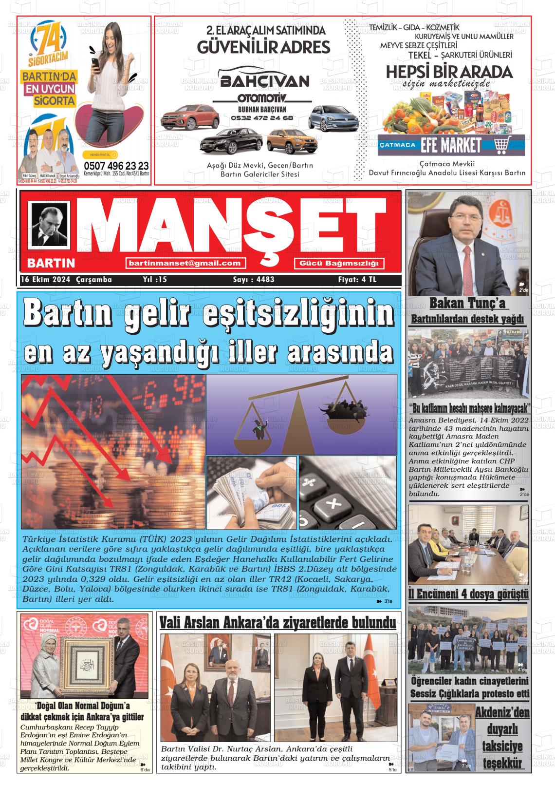 16 Ekim 2024 Bartın Manşet Gazete Manşeti