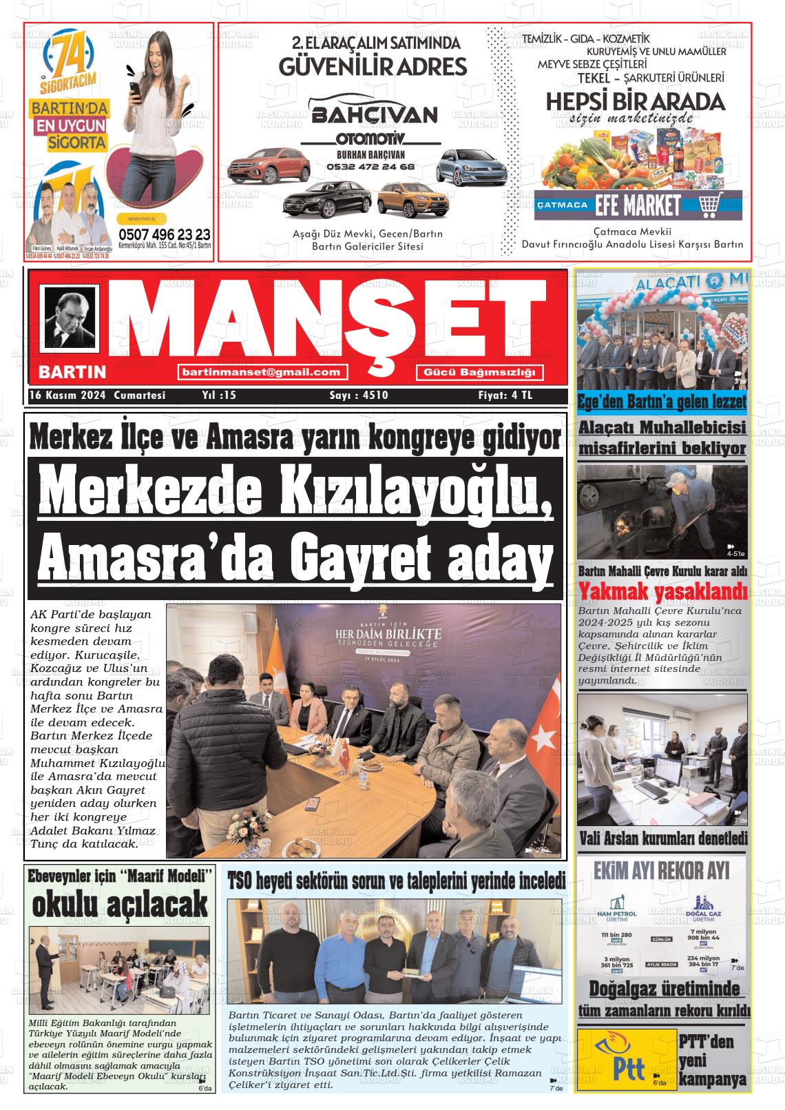 16 Kasım 2024 Bartın Manşet Gazete Manşeti