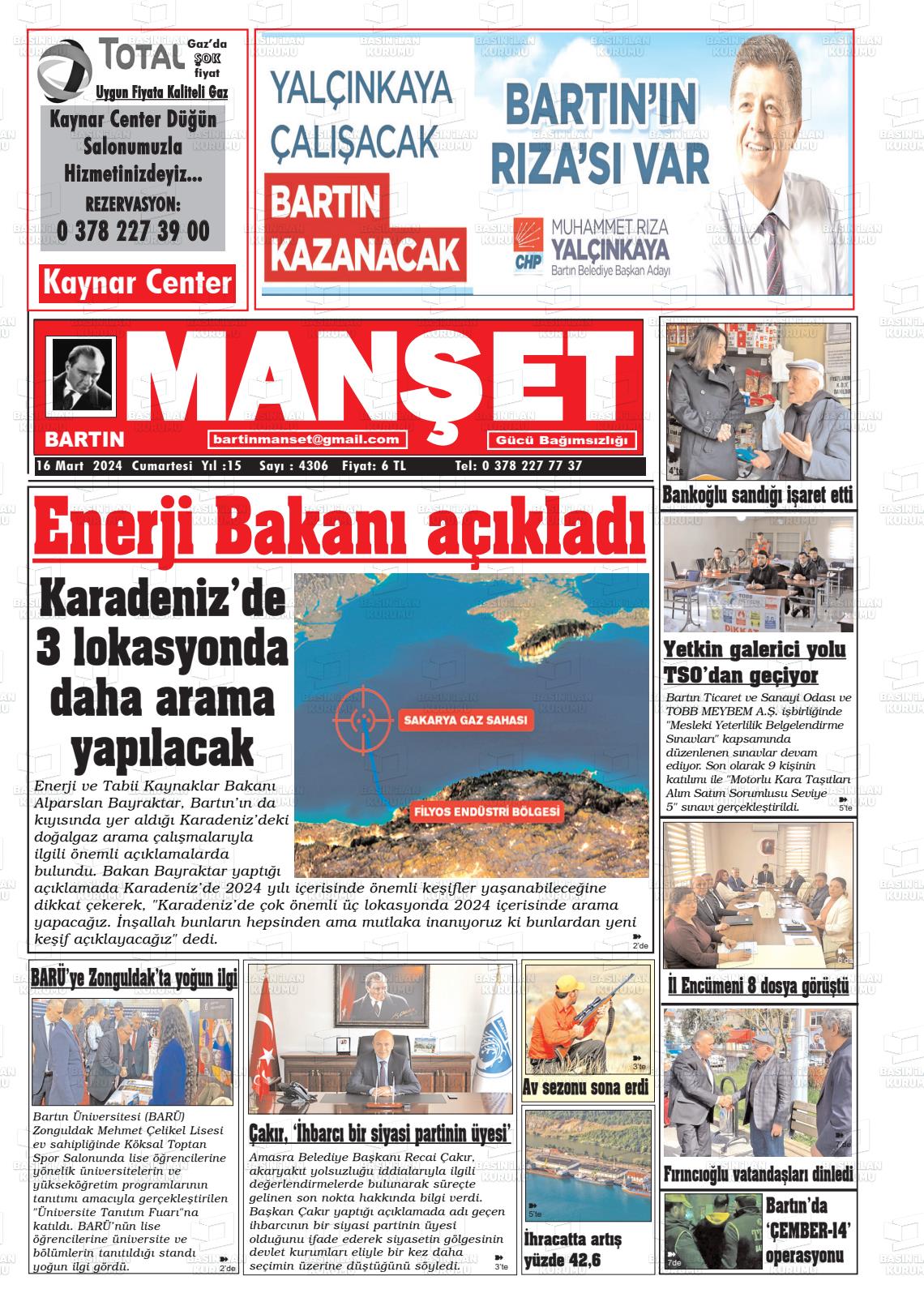 16 Mart 2024 Bartın Manşet Gazete Manşeti