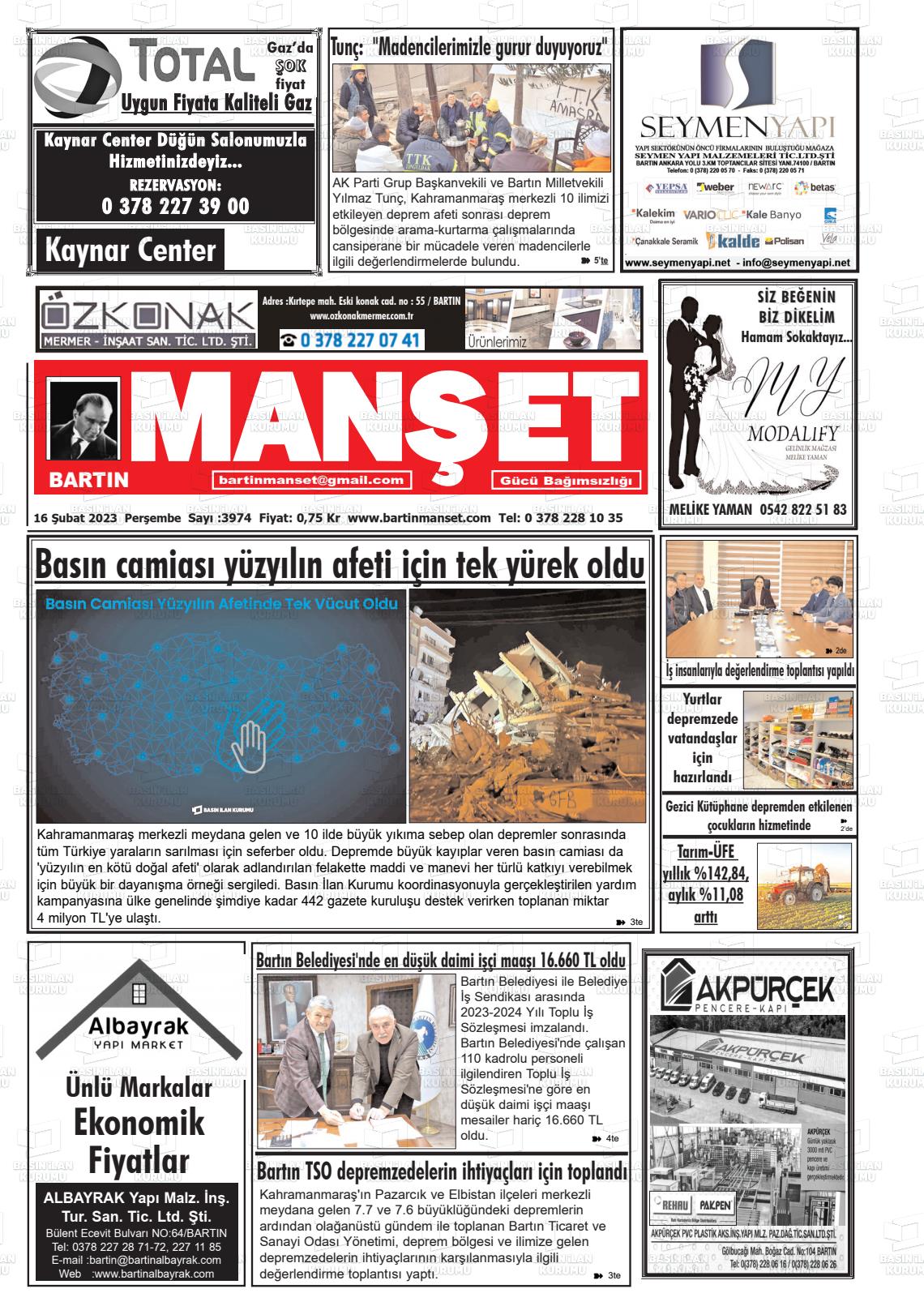 16 Şubat 2023 Bartın Manşet Gazete Manşeti