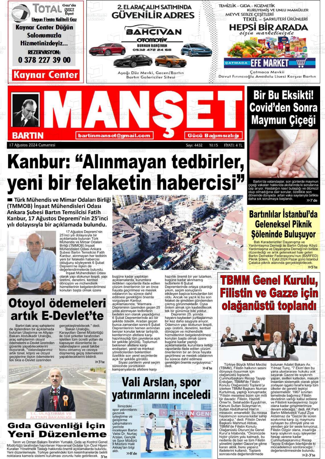 17 Ağustos 2024 Bartın Manşet Gazete Manşeti