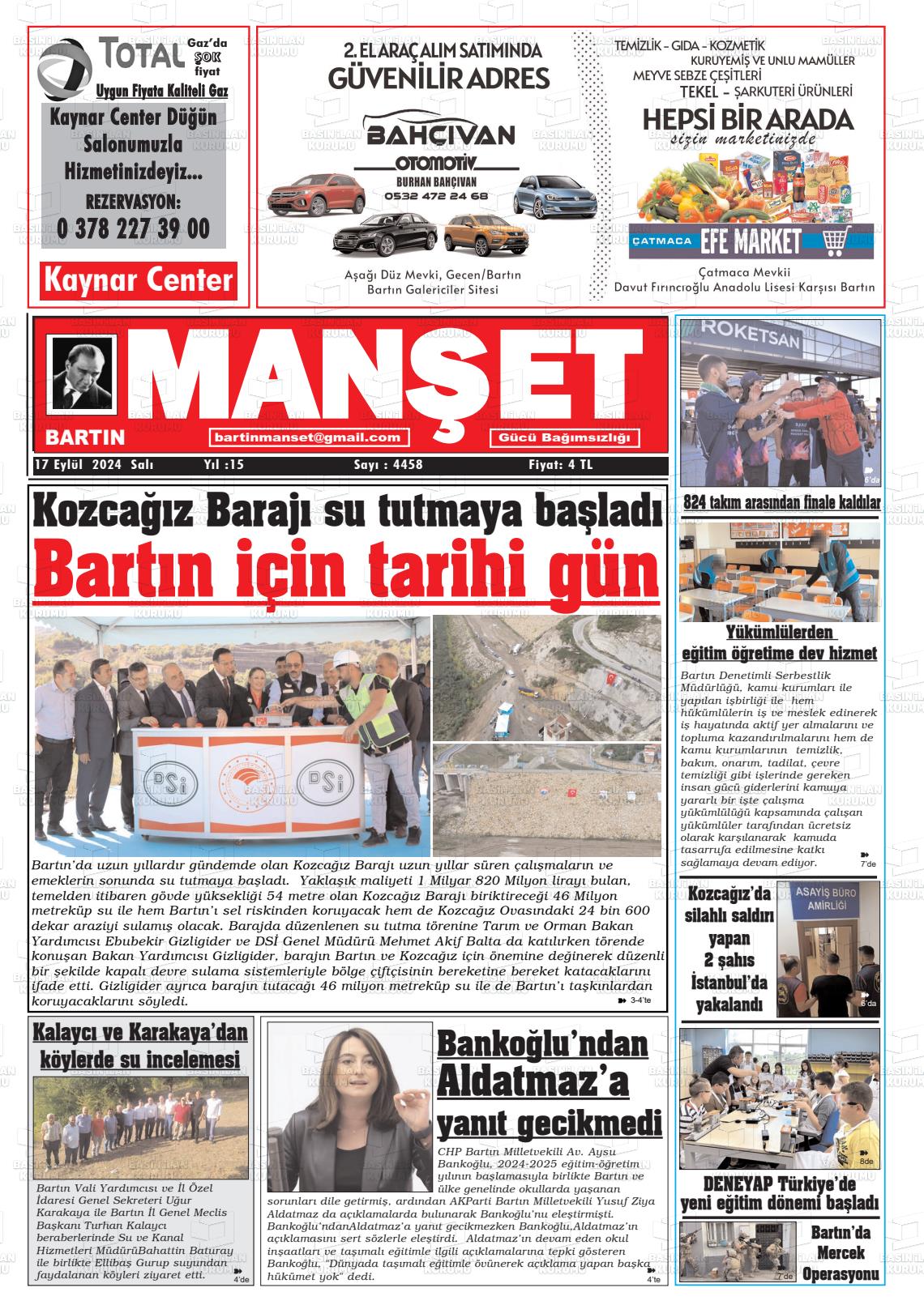 17 Eylül 2024 Bartın Manşet Gazete Manşeti