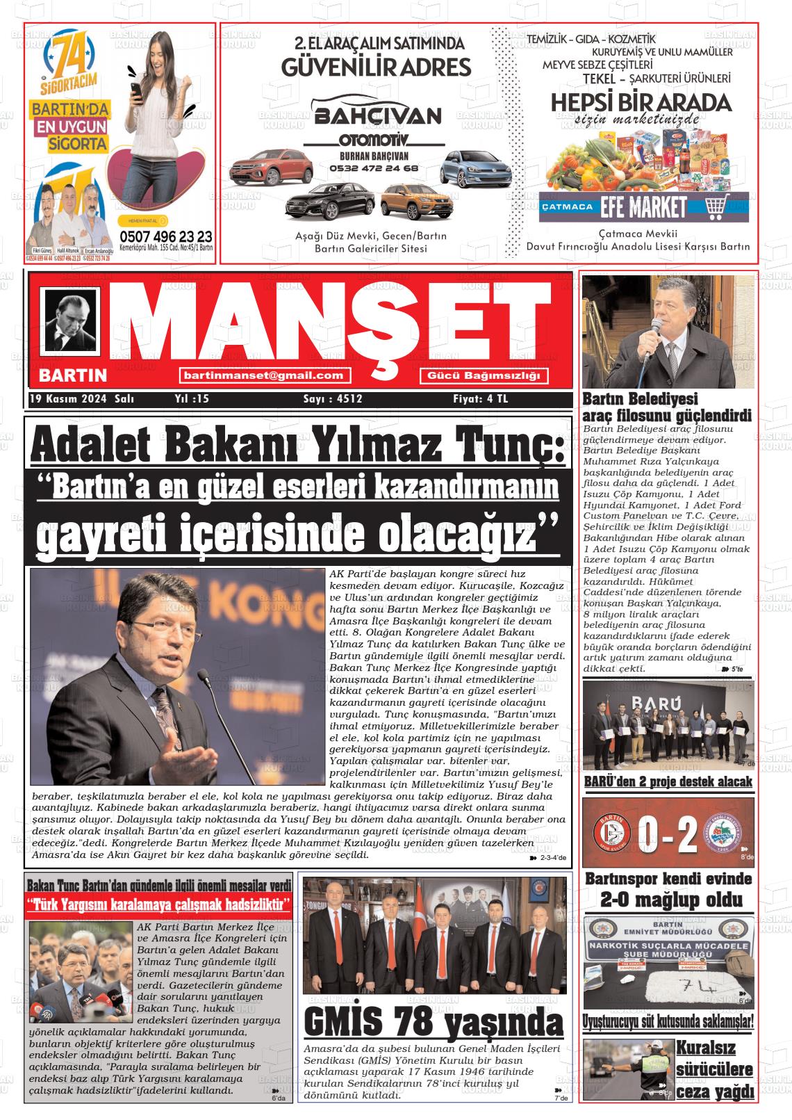 19 Kasım 2024 Bartın Manşet Gazete Manşeti