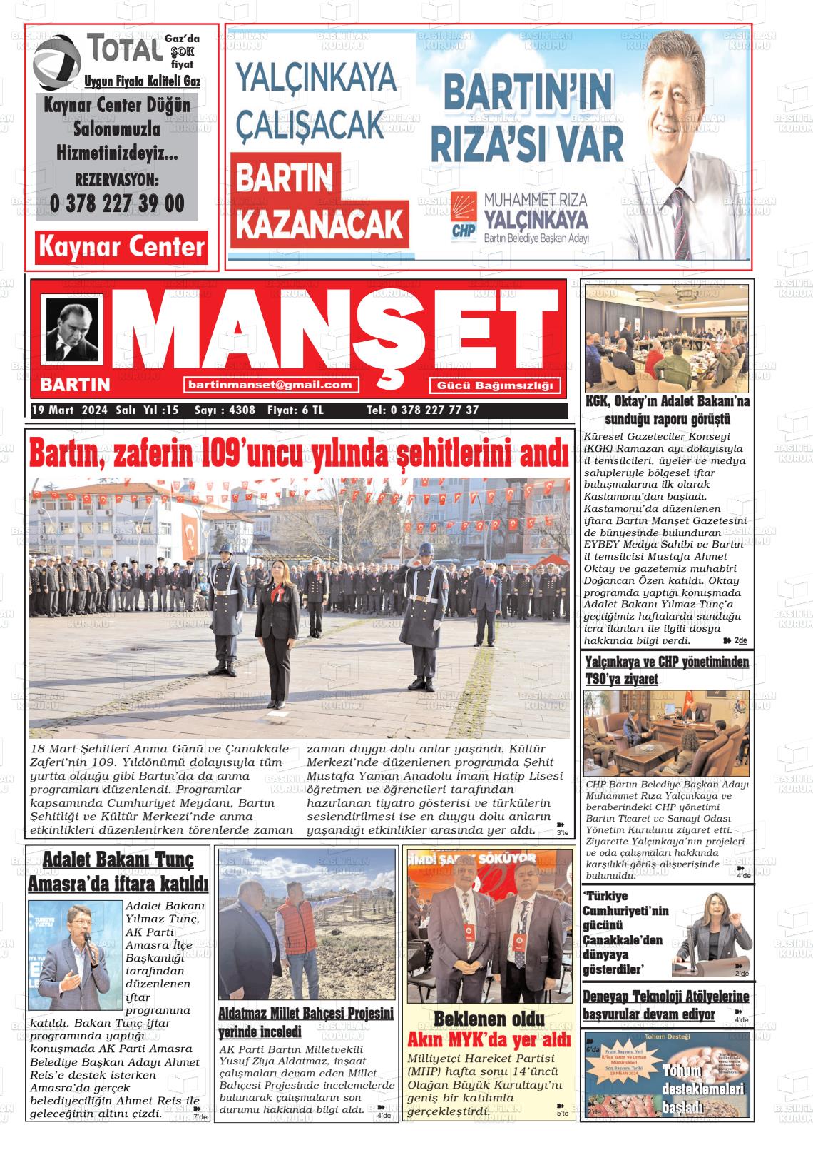 19 Mart 2024 Bartın Manşet Gazete Manşeti