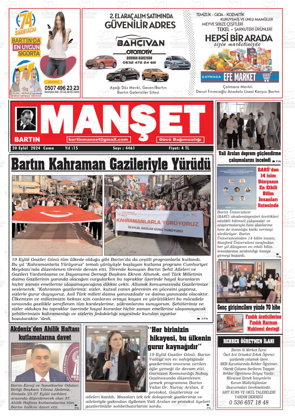 20 Eylül 2024 Bartın Manşet Gazete Manşeti