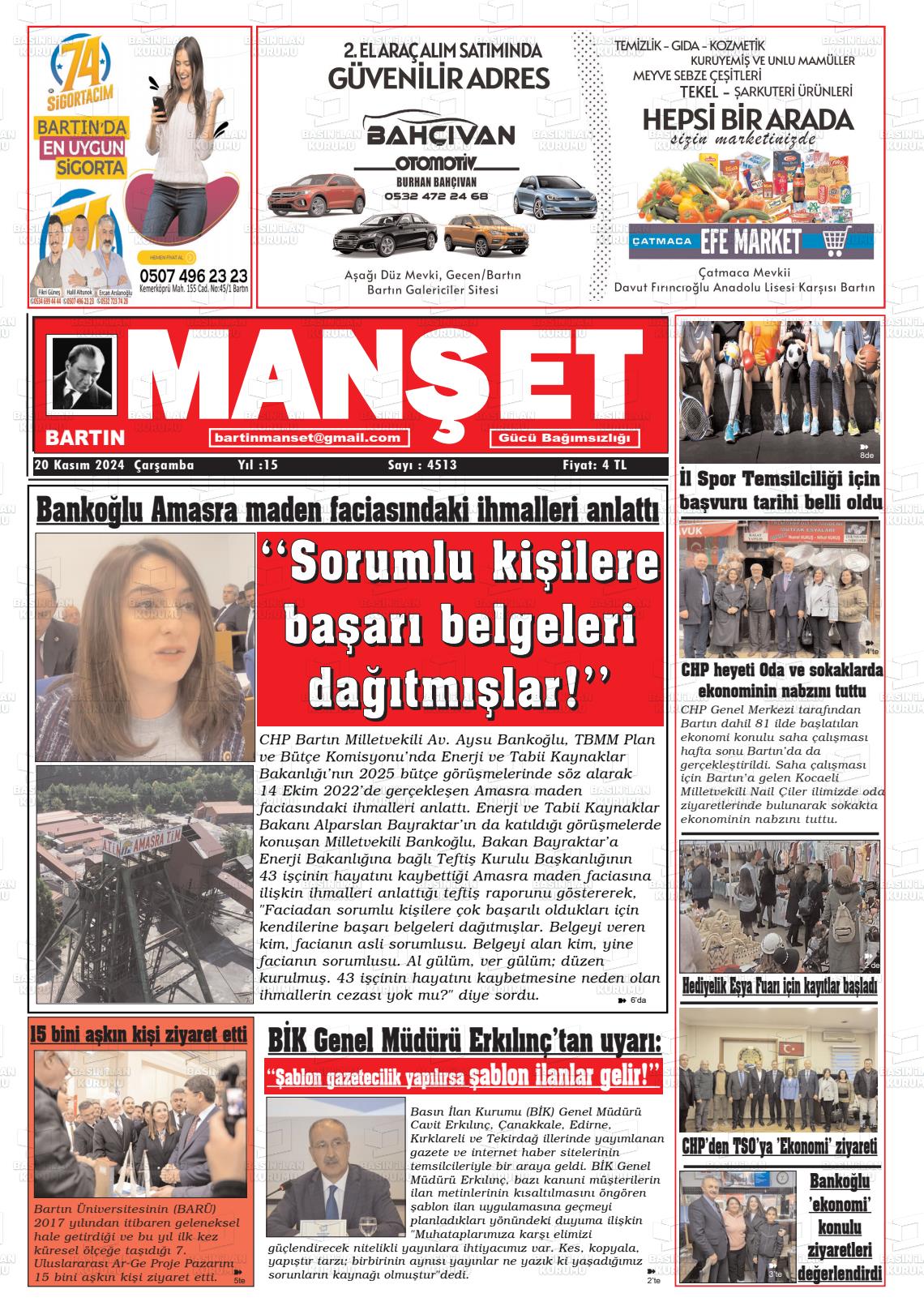 20 Kasım 2024 Bartın Manşet Gazete Manşeti