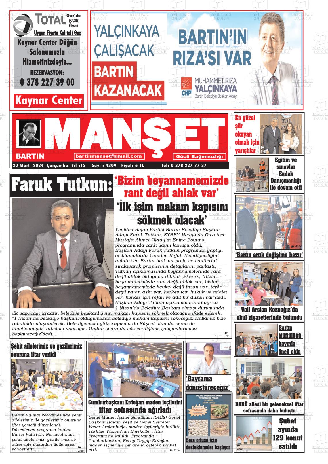 20 Mart 2024 Bartın Manşet Gazete Manşeti