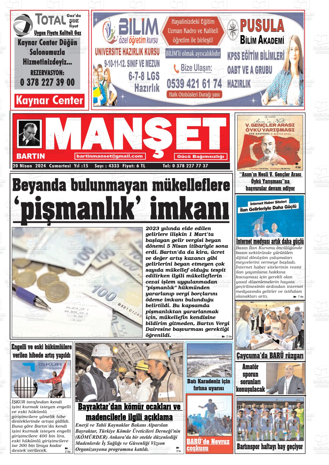 20 Nisan 2024 Bartın Manşet Gazete Manşeti