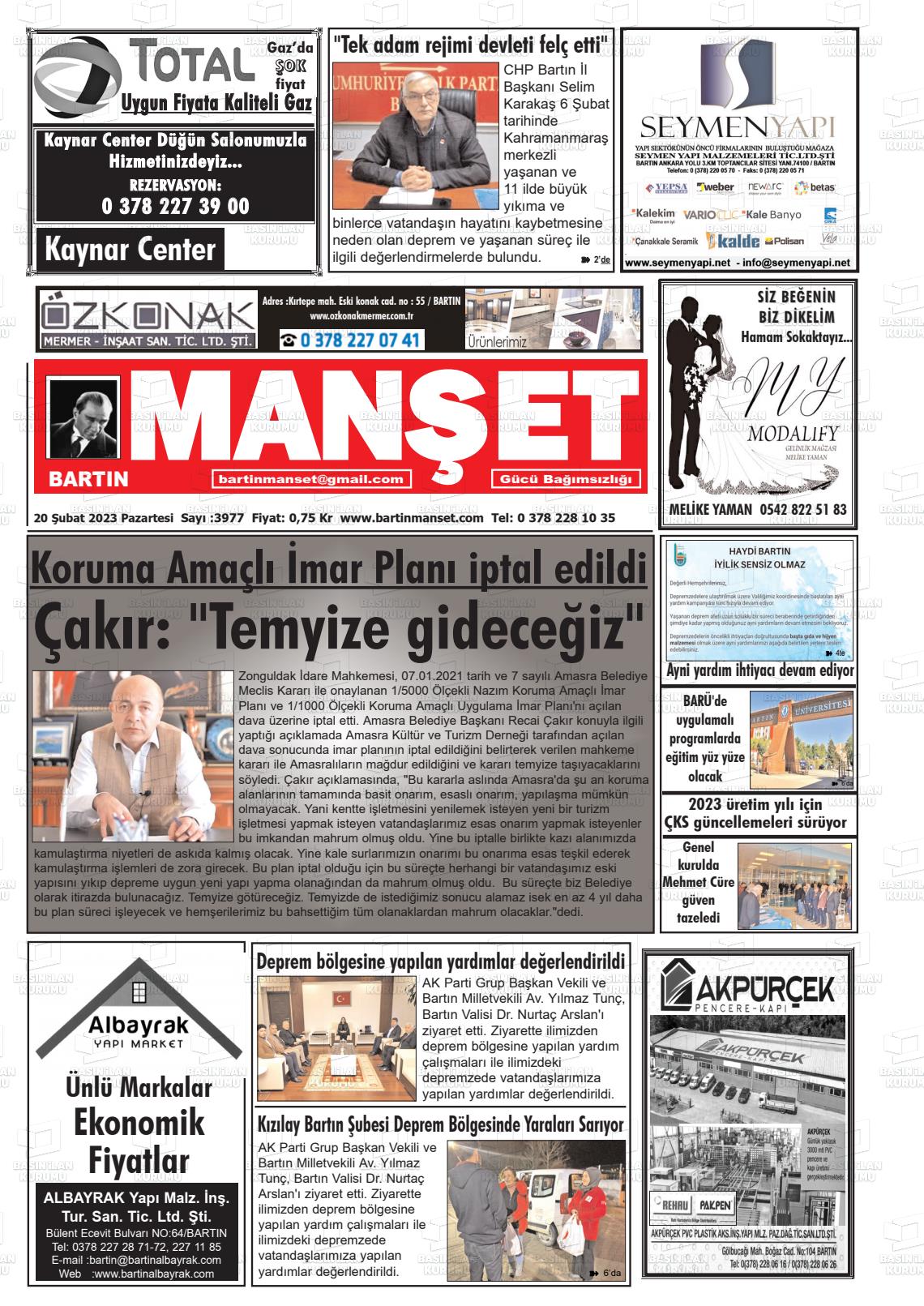 20 Şubat 2023 Bartın Manşet Gazete Manşeti