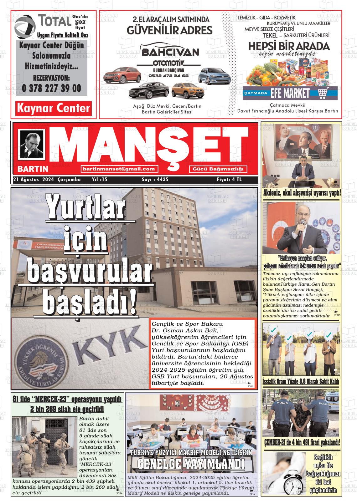 21 Ağustos 2024 Bartın Manşet Gazete Manşeti