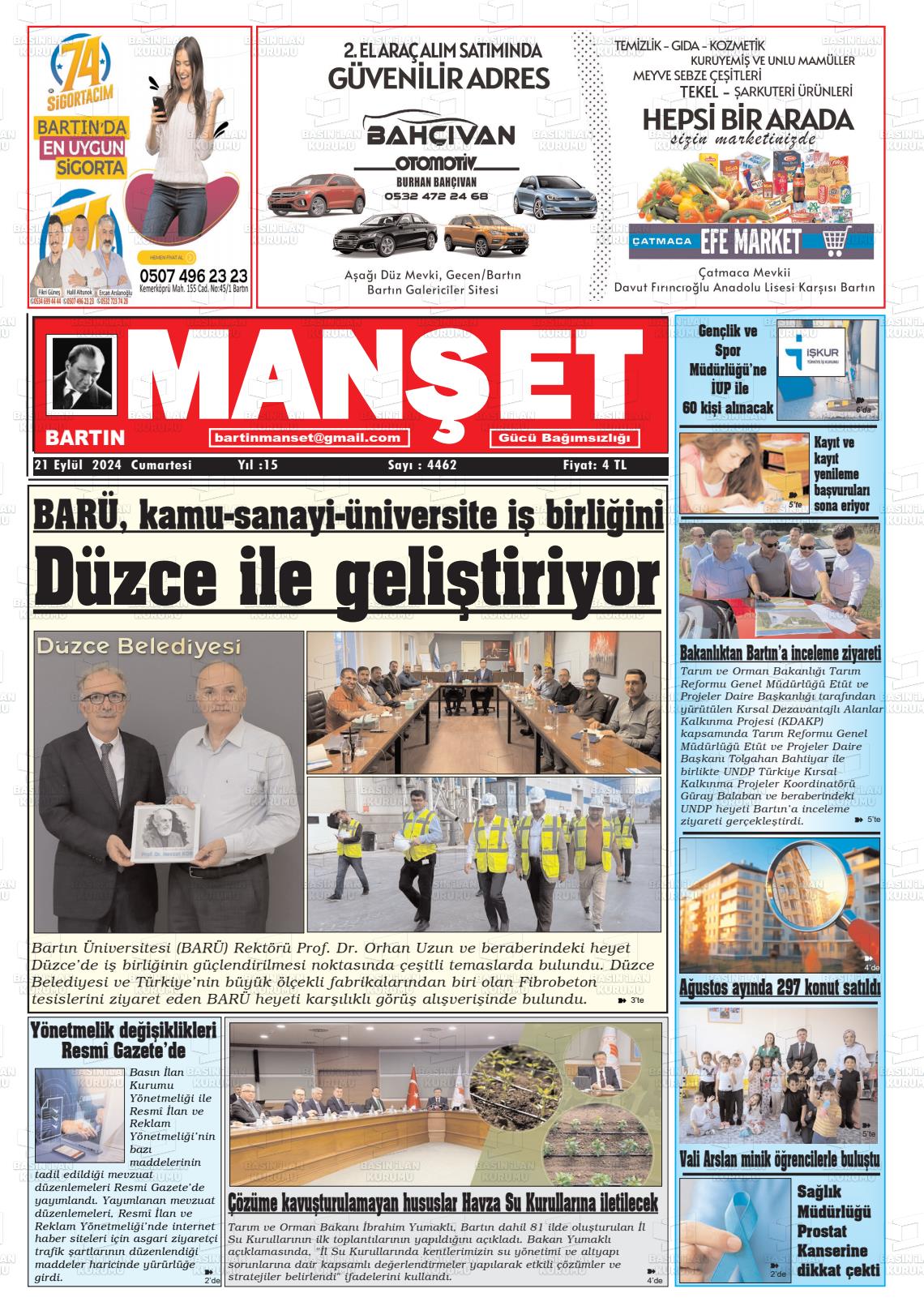 21 Eylül 2024 Bartın Manşet Gazete Manşeti