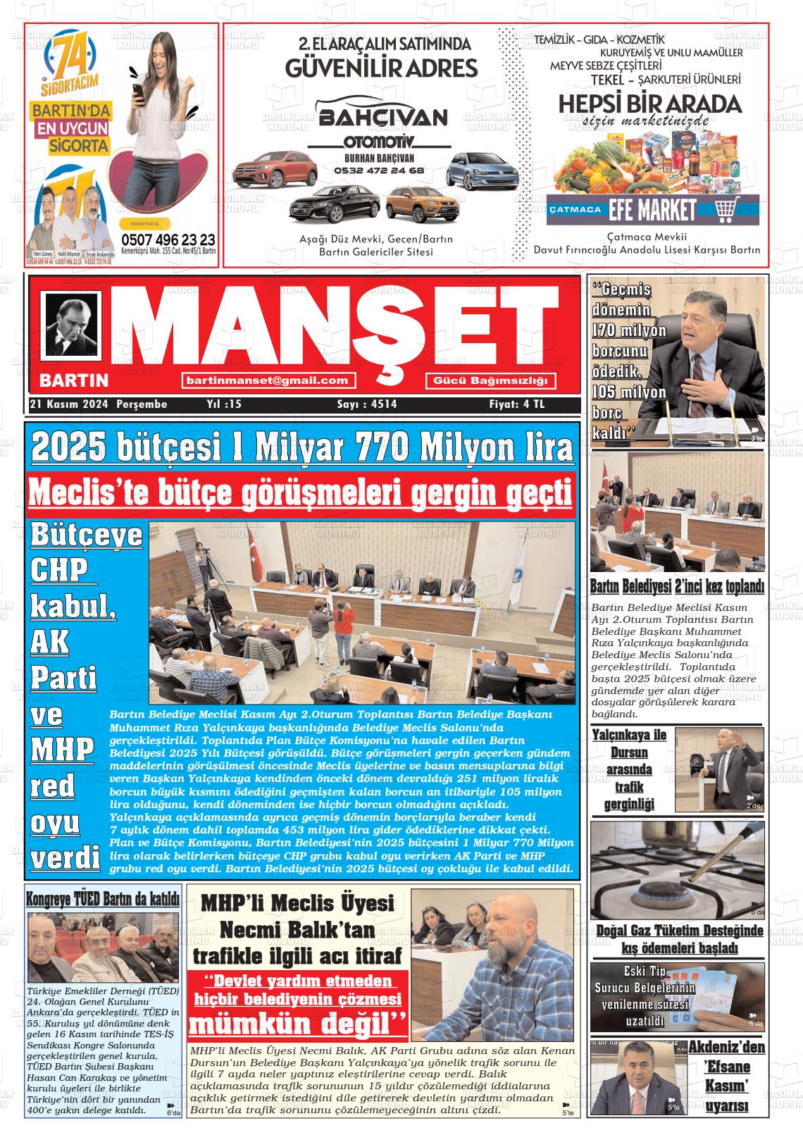 21 Kasım 2024 Bartın Manşet Gazete Manşeti