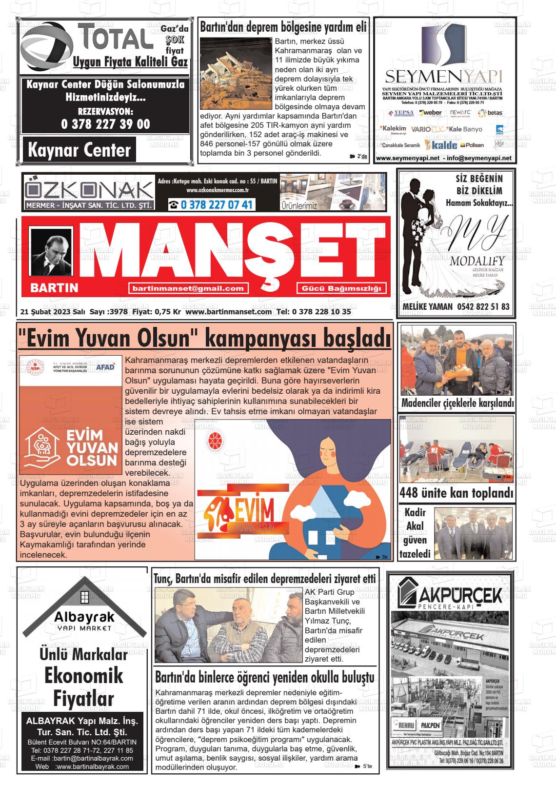 21 Şubat 2023 Bartın Manşet Gazete Manşeti