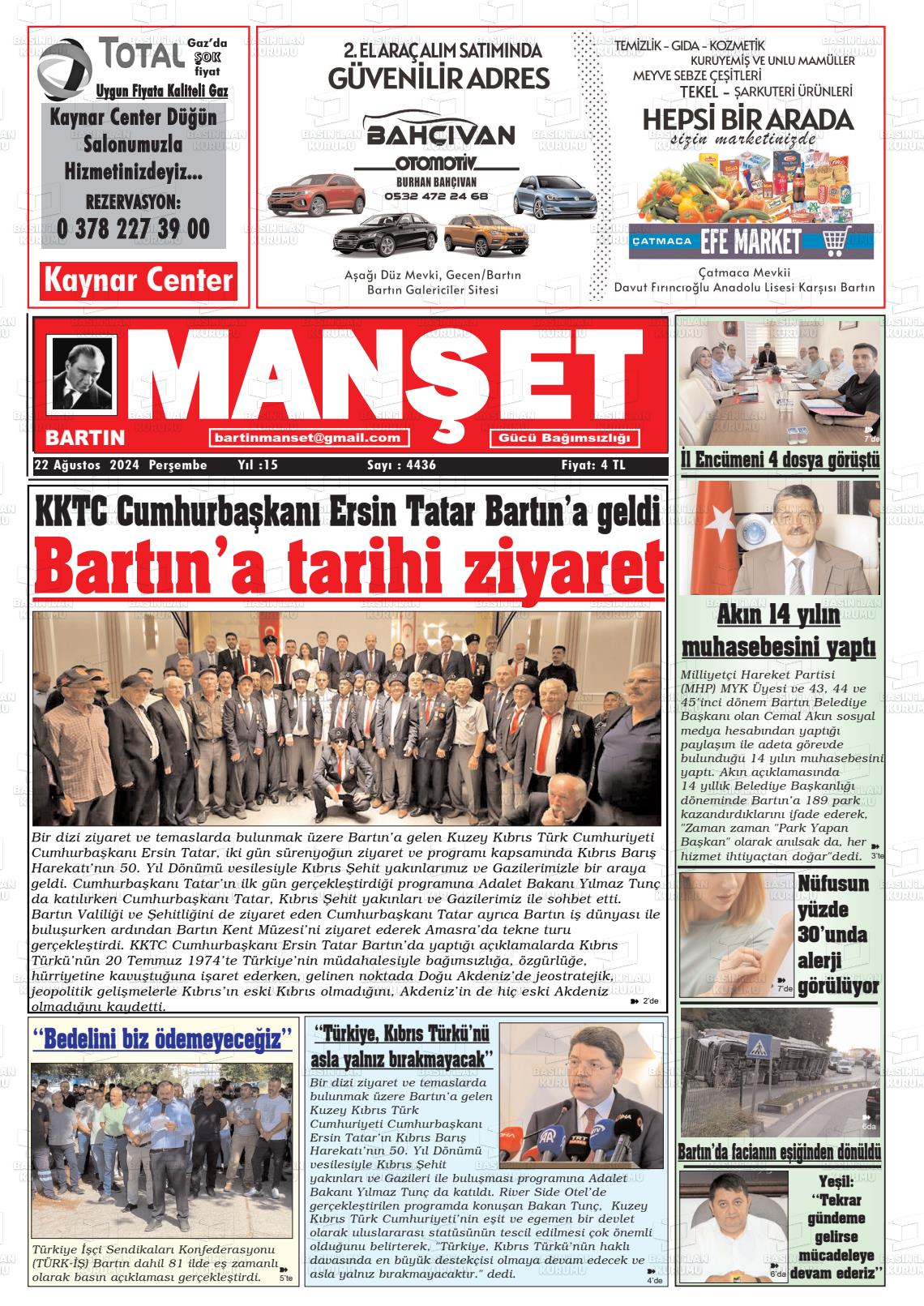 22 Ağustos 2024 Bartın Manşet Gazete Manşeti