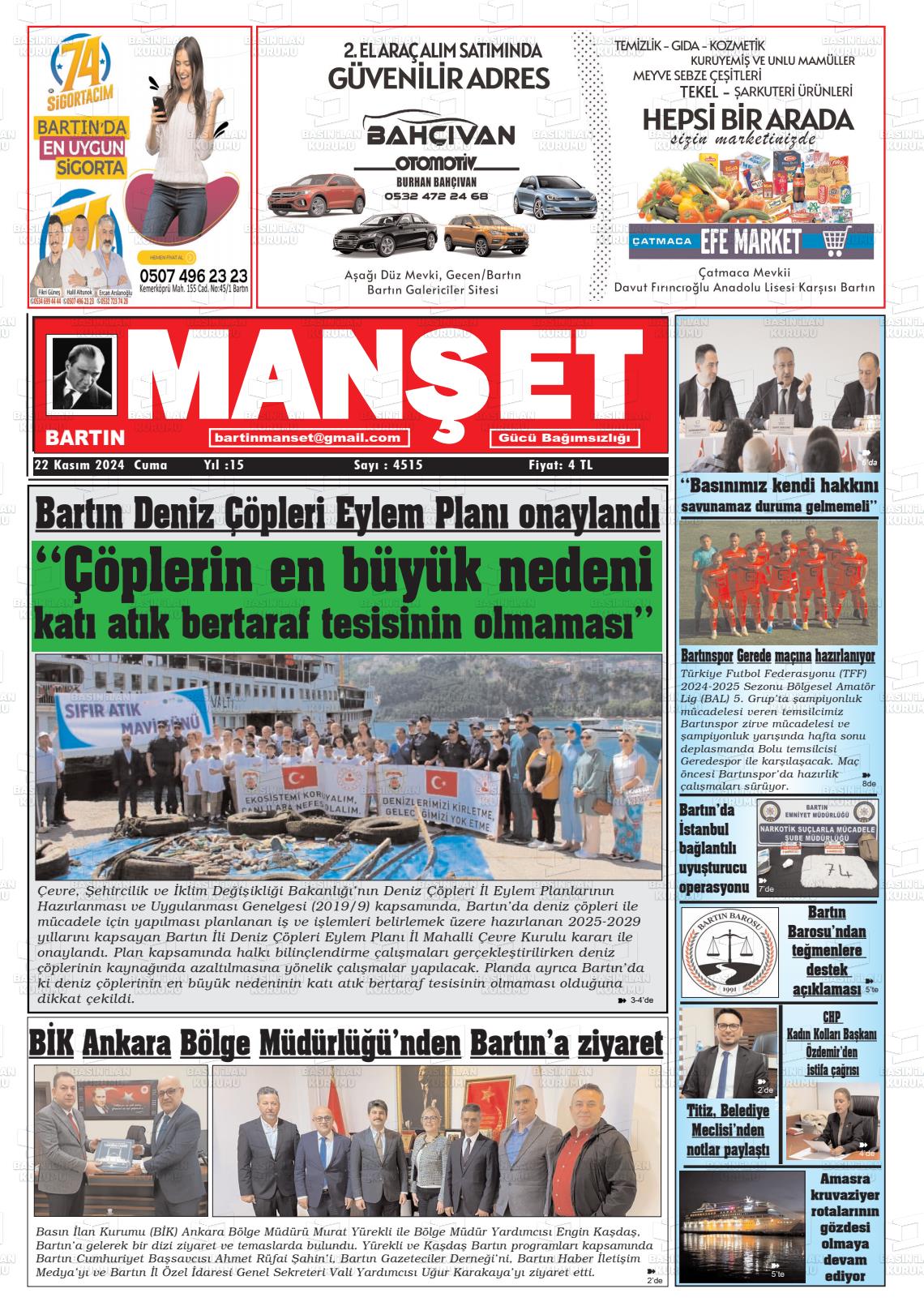 22 Kasım 2024 Bartın Manşet Gazete Manşeti