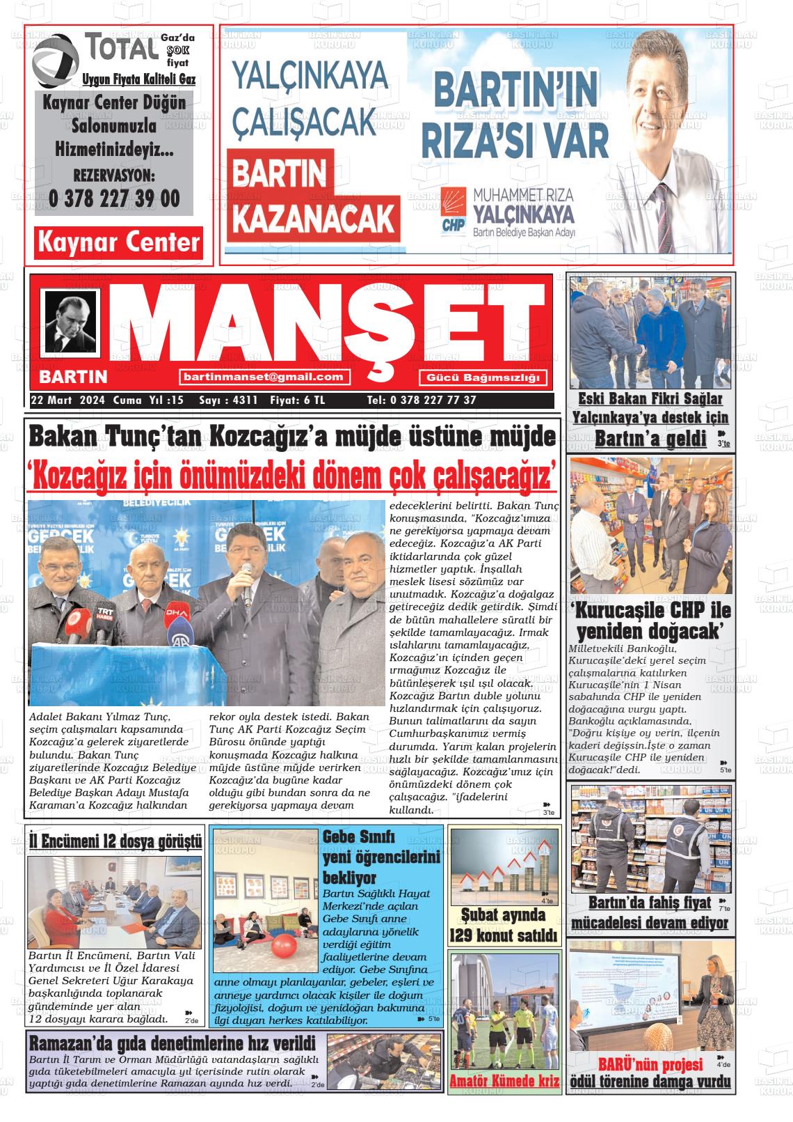 22 Mart 2024 Bartın Manşet Gazete Manşeti