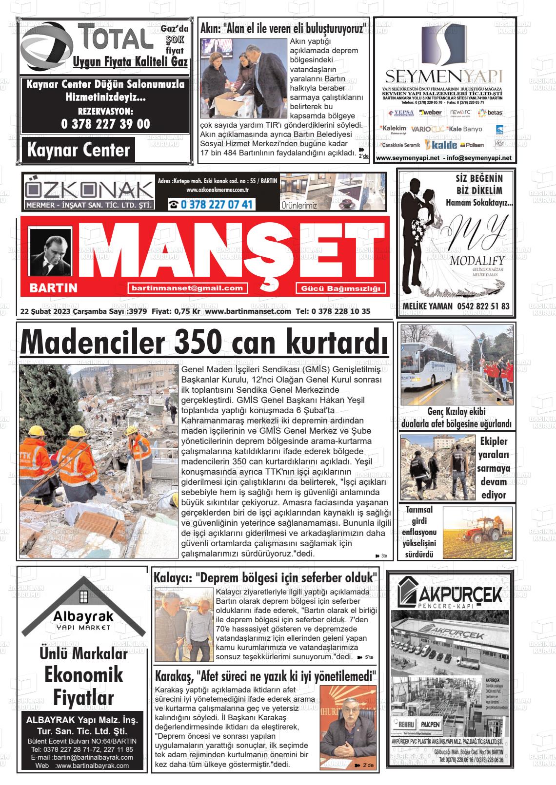 22 Şubat 2023 Bartın Manşet Gazete Manşeti