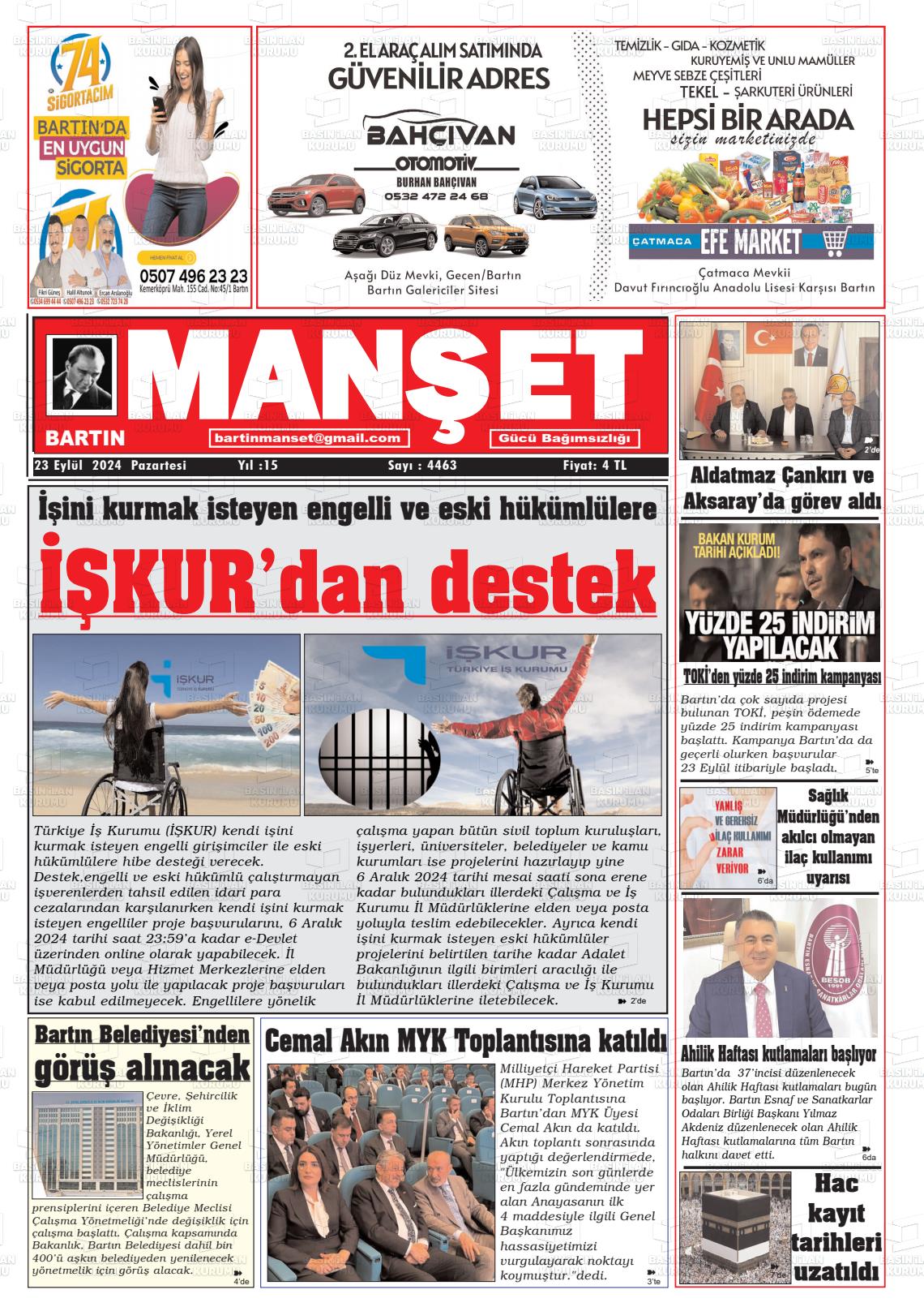 23 Eylül 2024 Bartın Manşet Gazete Manşeti