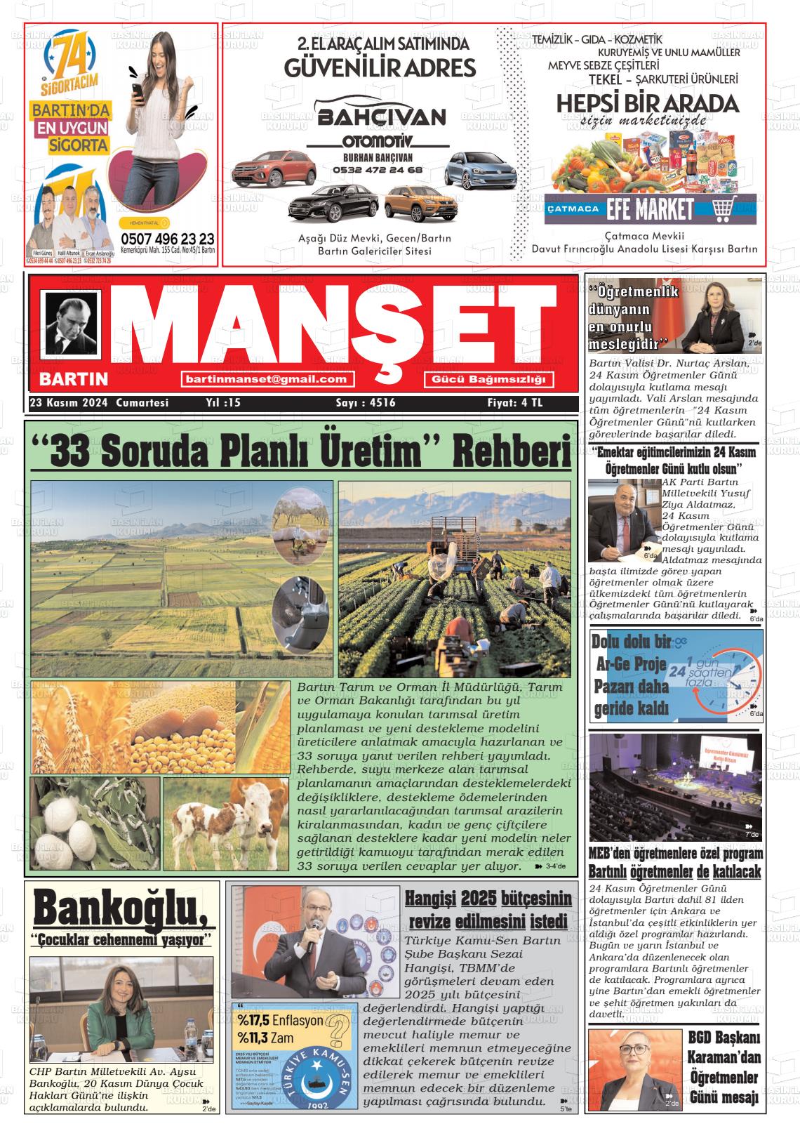 23 Kasım 2024 Bartın Manşet Gazete Manşeti