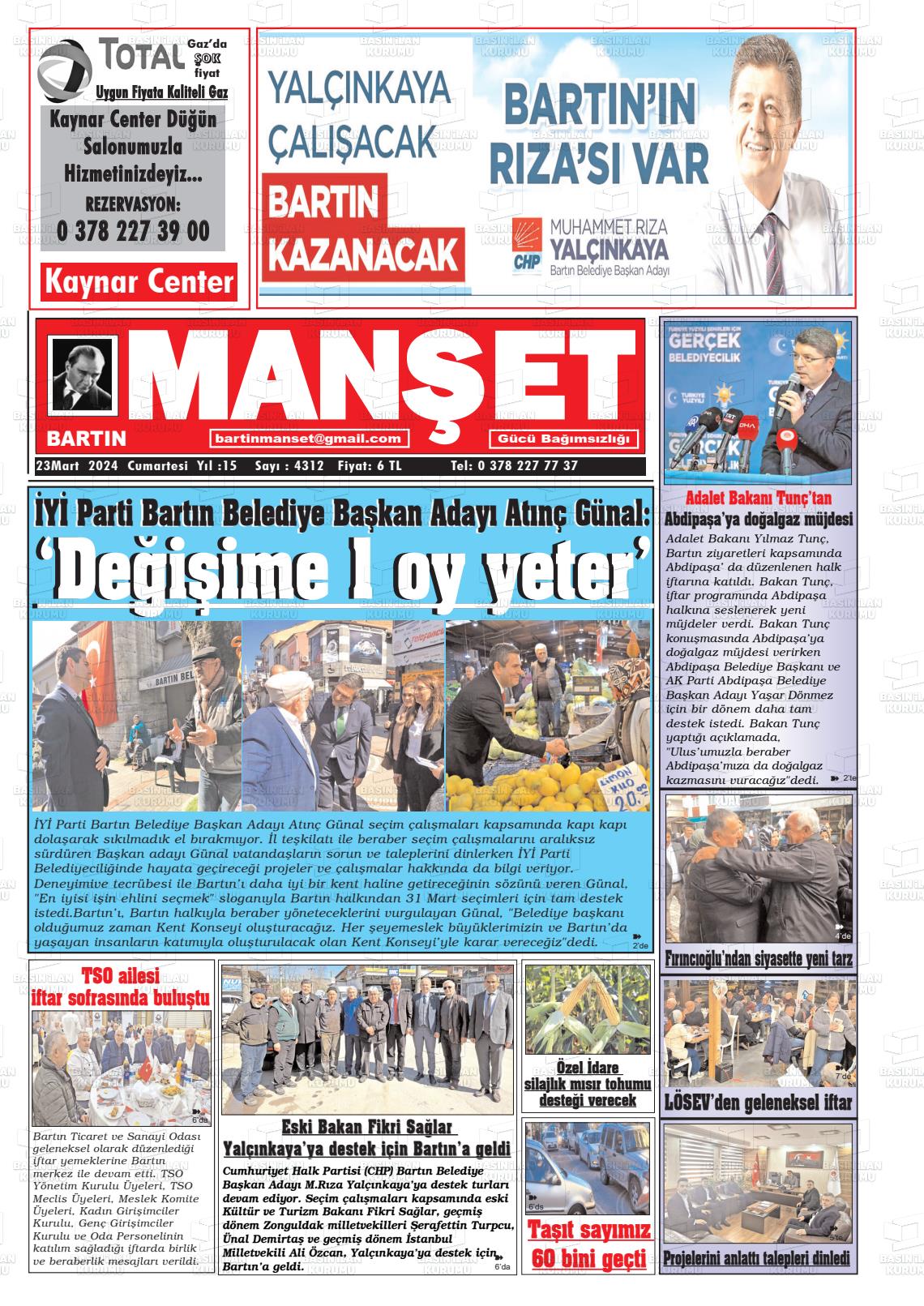 23 Mart 2024 Bartın Manşet Gazete Manşeti