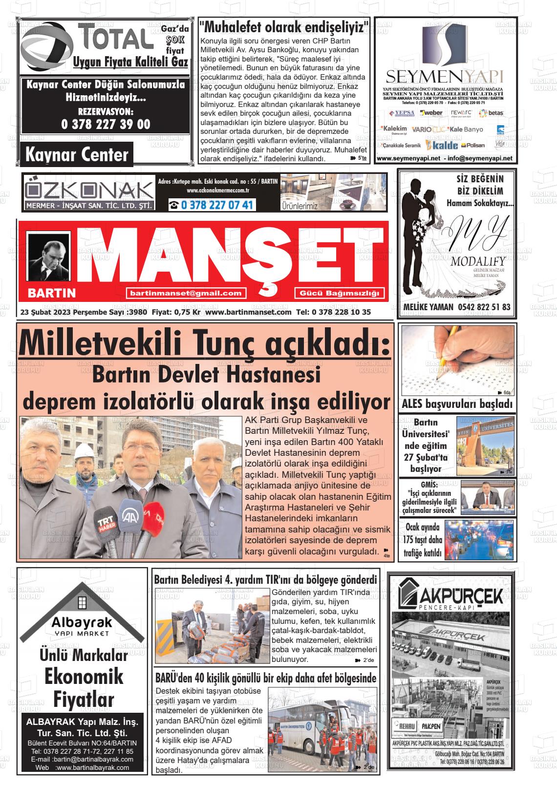 01 Mart 2023 Bartın Manşet Gazete Manşeti