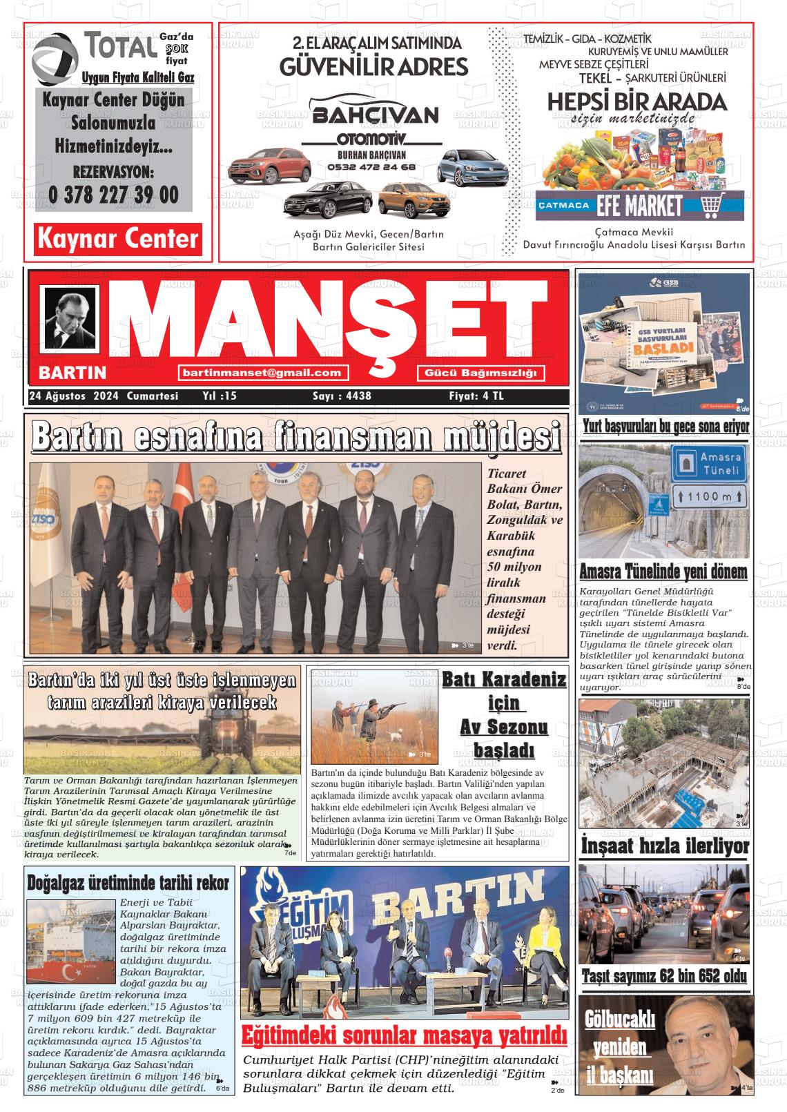 24 Ağustos 2024 Bartın Manşet Gazete Manşeti